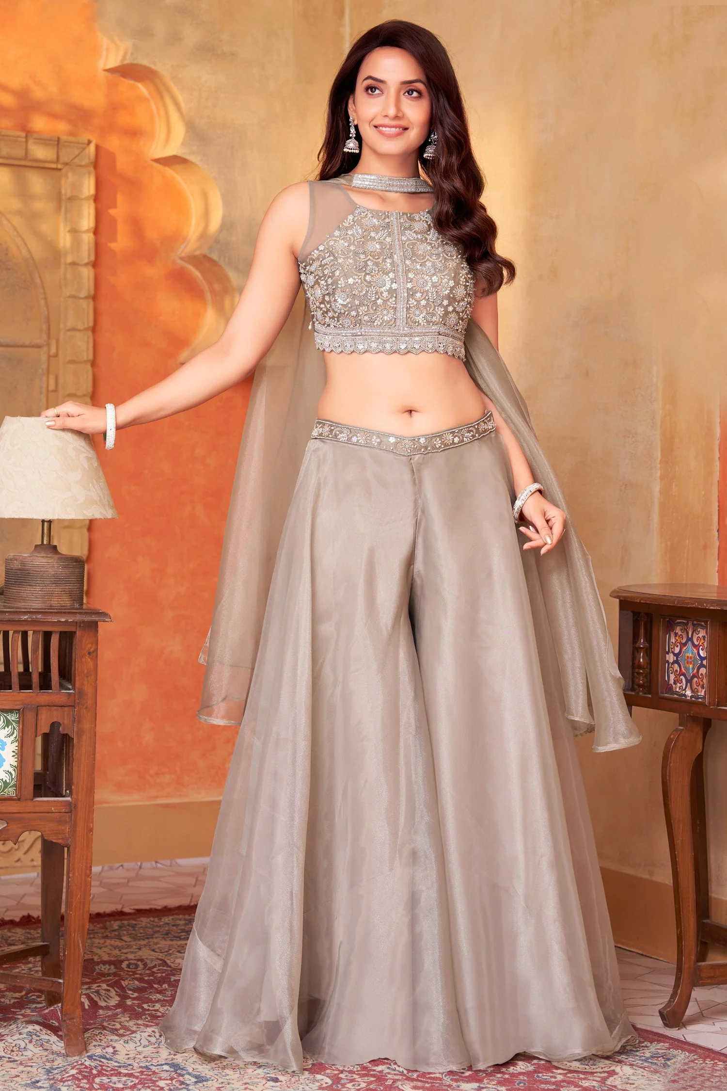 Grey Organza Sequin and Beaded Worked Crop Top Palazzo Set - Image 3
