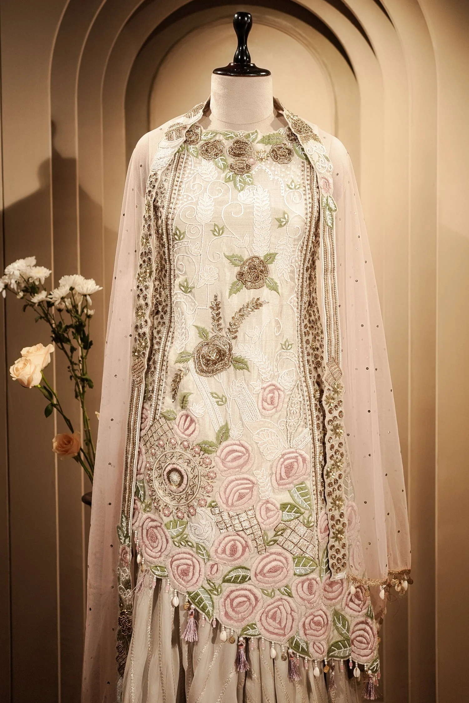 Grey Raw Silk Asymmetric Floral Embroidered and Bead Worked Palazzo Suit - Image 2