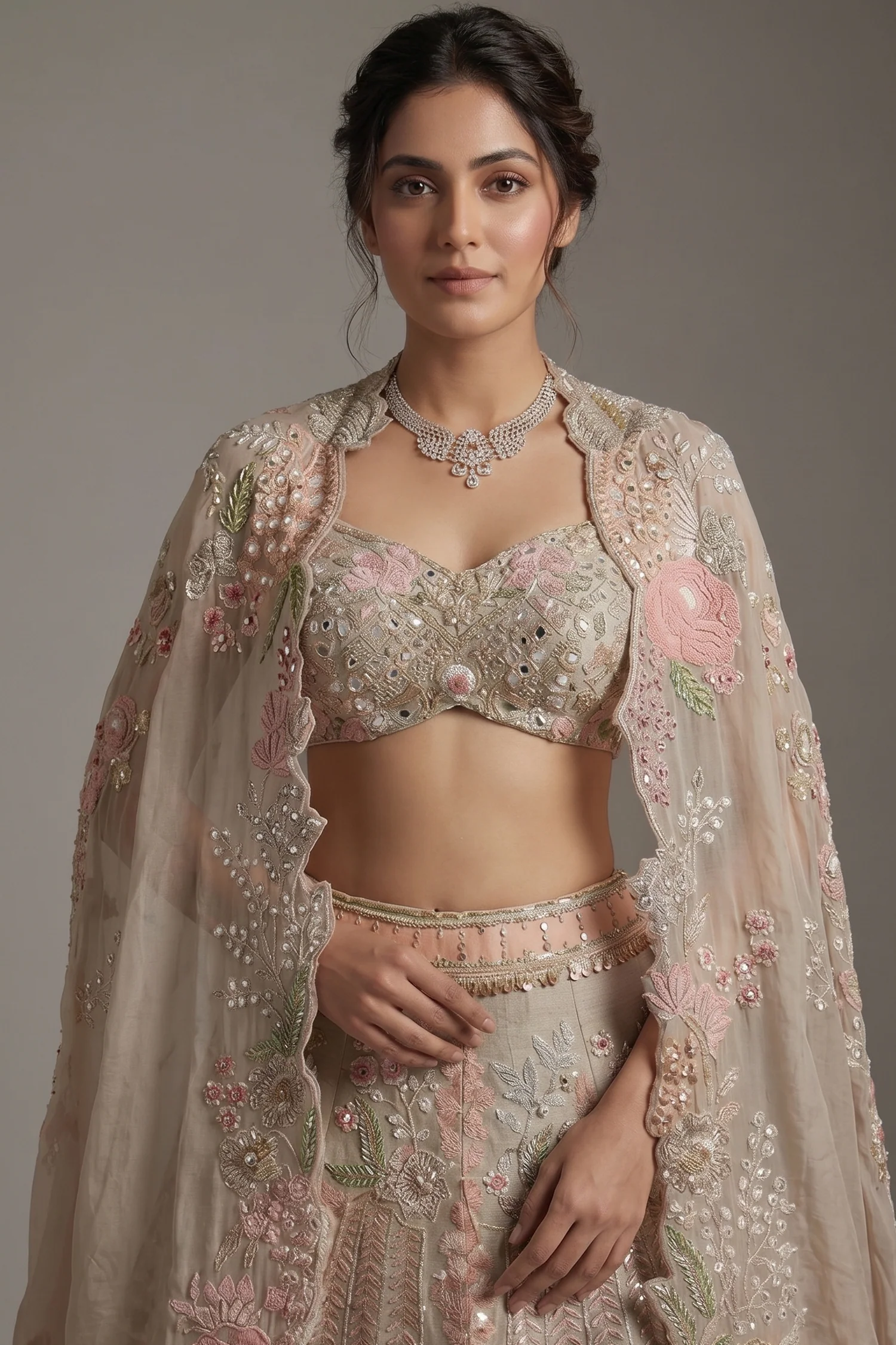 Grey Silk Designer Cutdana Beaded and Mirror Work Crop Top Lehenga with Jacket - Image 2
