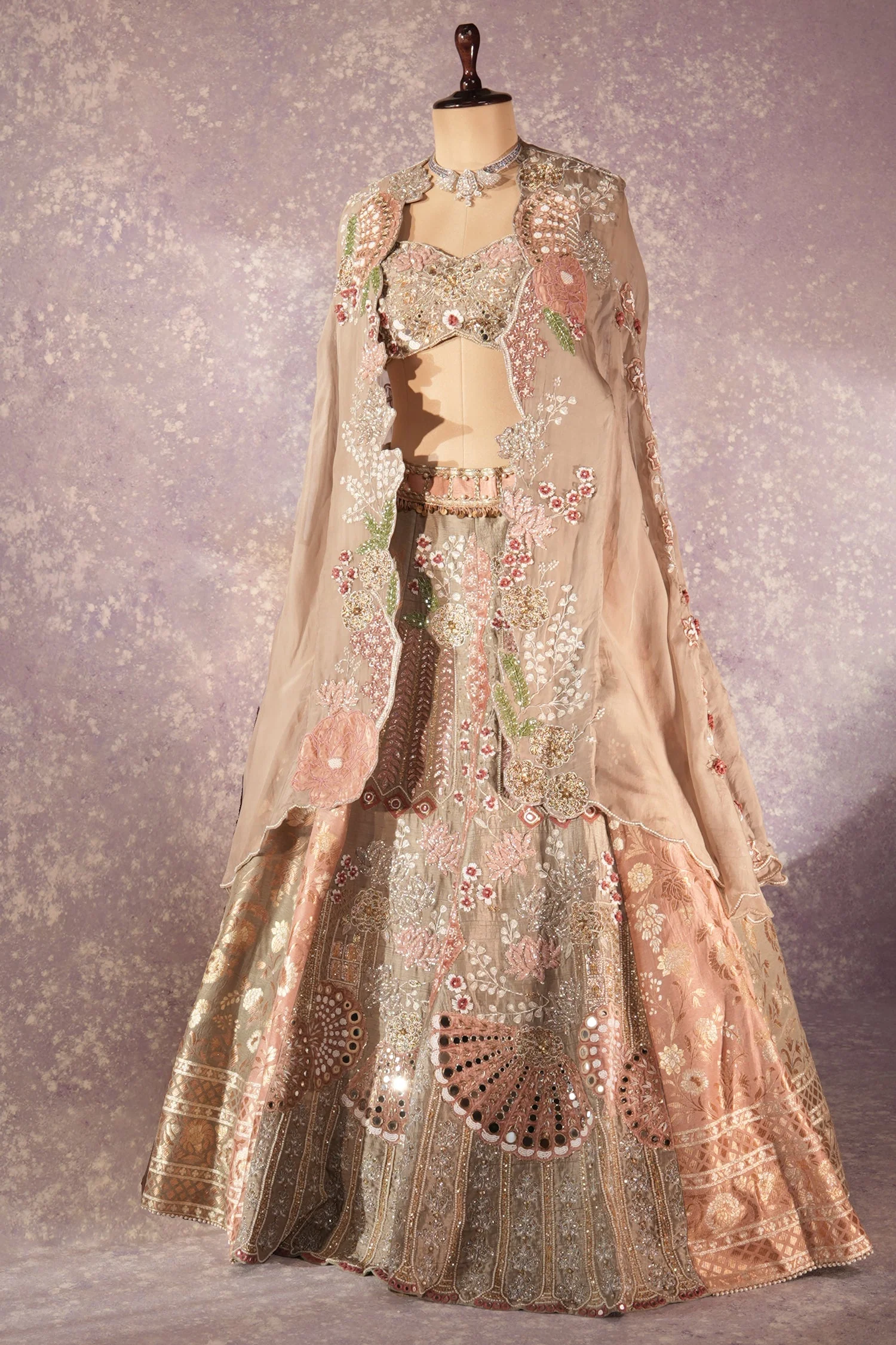 Grey Silk Designer Cutdana Beaded and Mirror Work Crop Top Lehenga with Jacket - Image 3