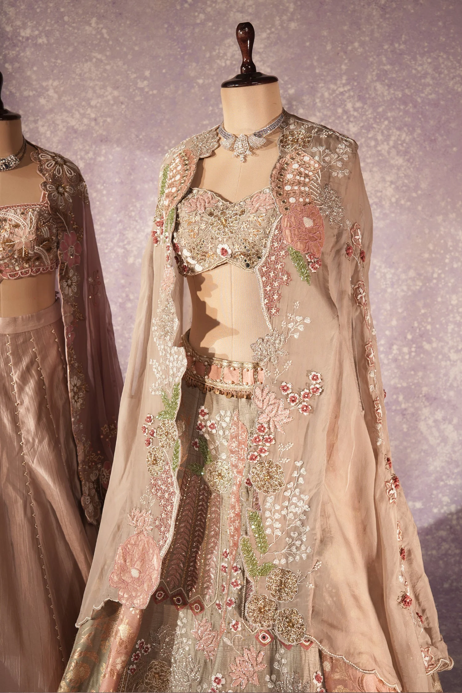 Grey Silk Designer Cutdana Beaded and Mirror Work Crop Top Lehenga with Jacket - Image 4