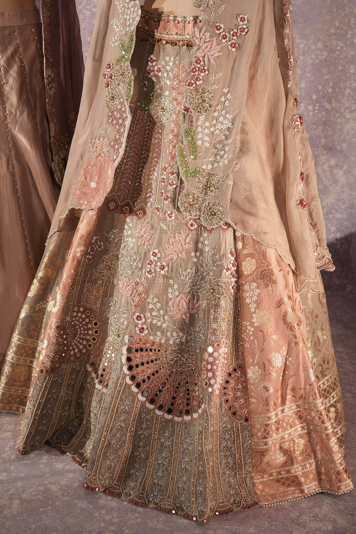 Grey Silk Designer Cutdana Beaded and Mirror Work Crop Top Lehenga with Jacket - Image 5