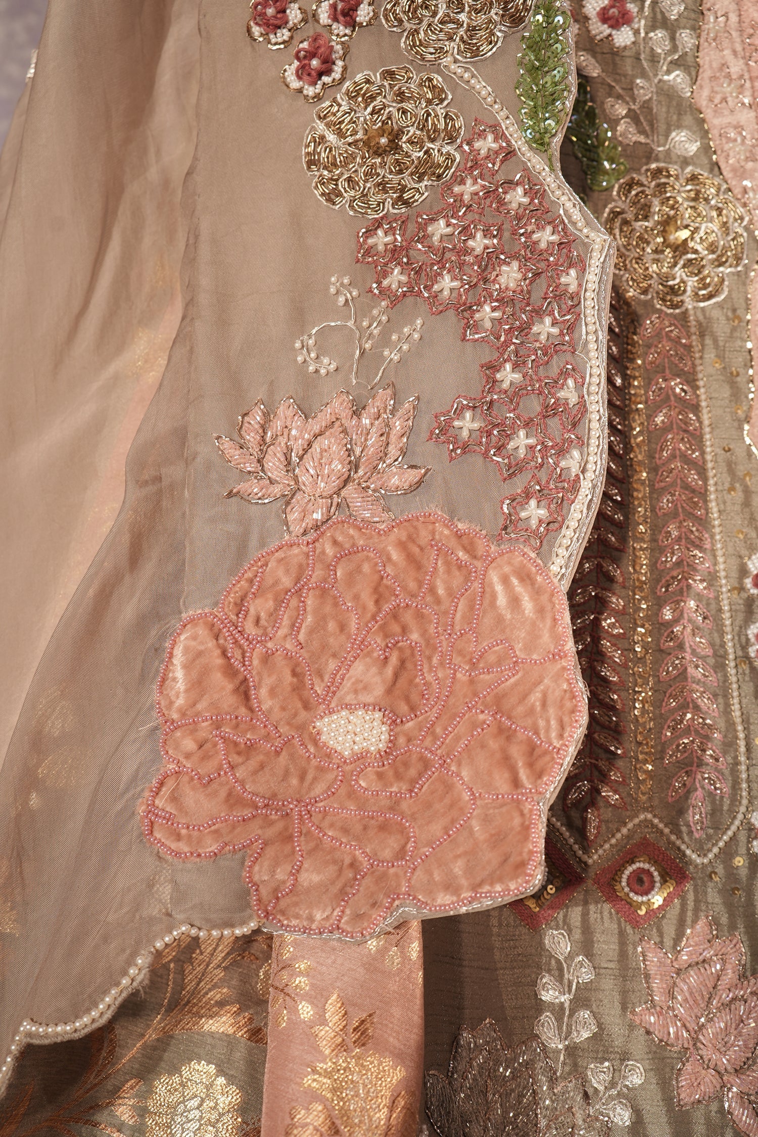Grey Silk Designer Cutdana Beaded and Mirror Work Crop Top Lehenga with Jacket - Image 6