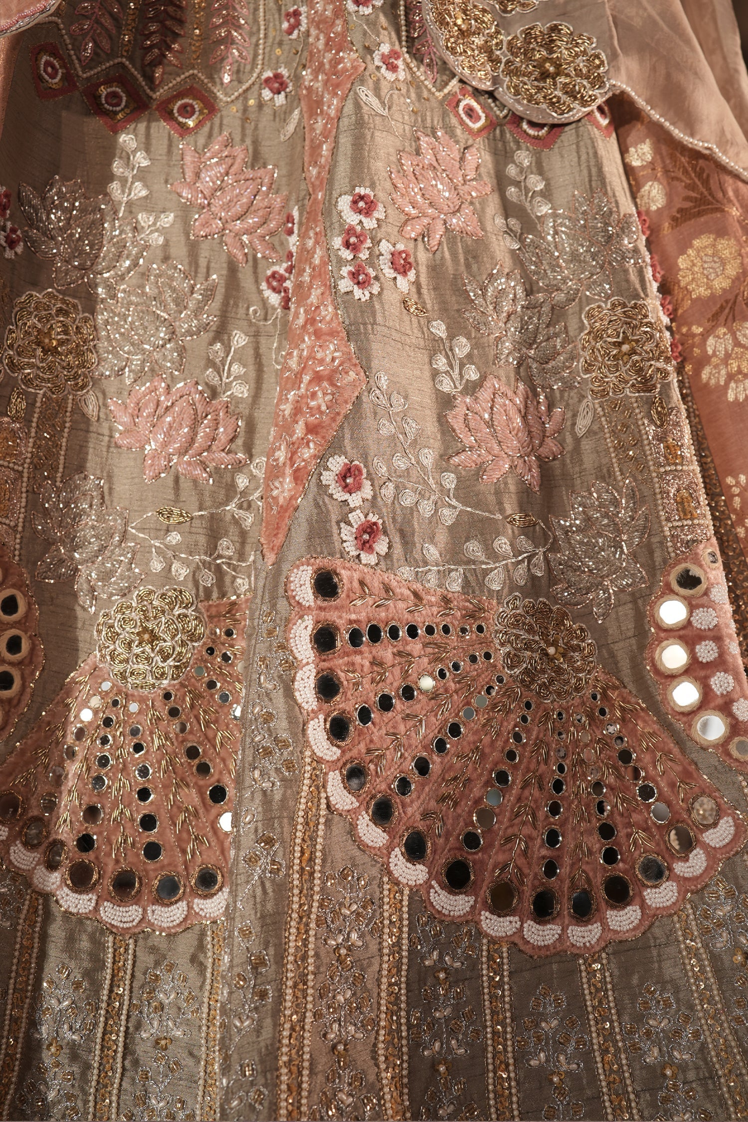 Grey Silk Designer Cutdana Beaded and Mirror Work Crop Top Lehenga with Jacket - Image 7