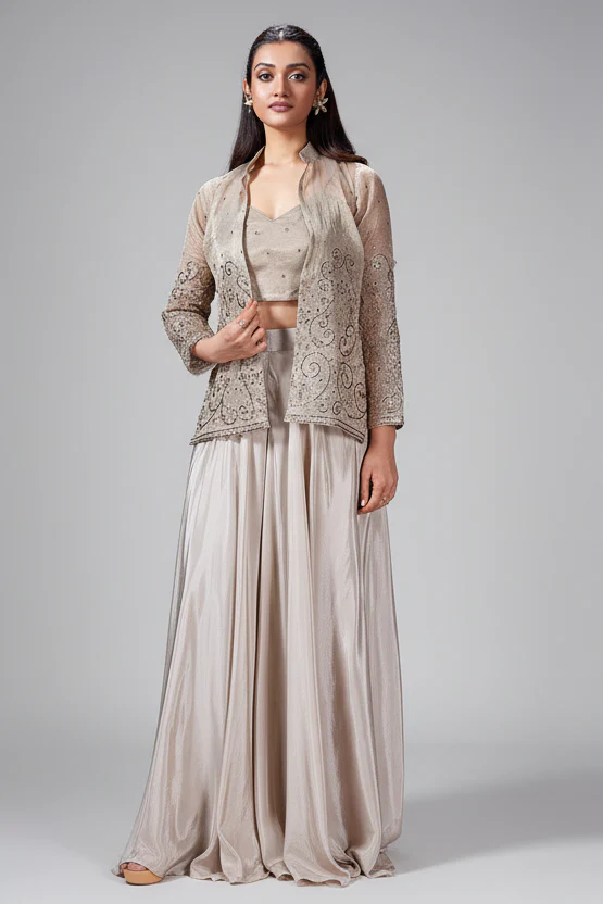 Grey Tissue Embroidered Crop Top Palazzo Set with Jacket