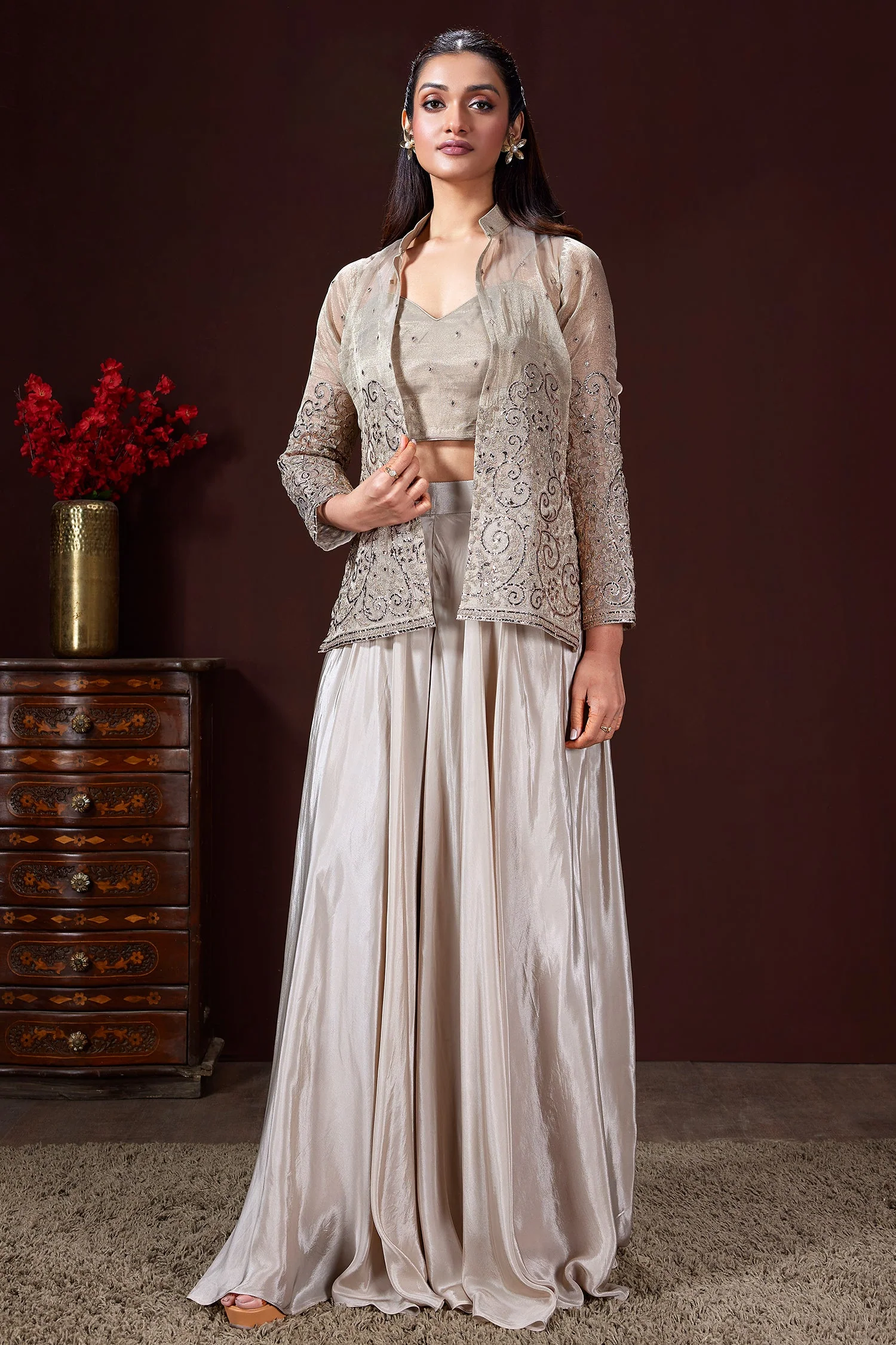 Grey Tissue Embroidered Crop Top Palazzo Set with Jacket - Image 2