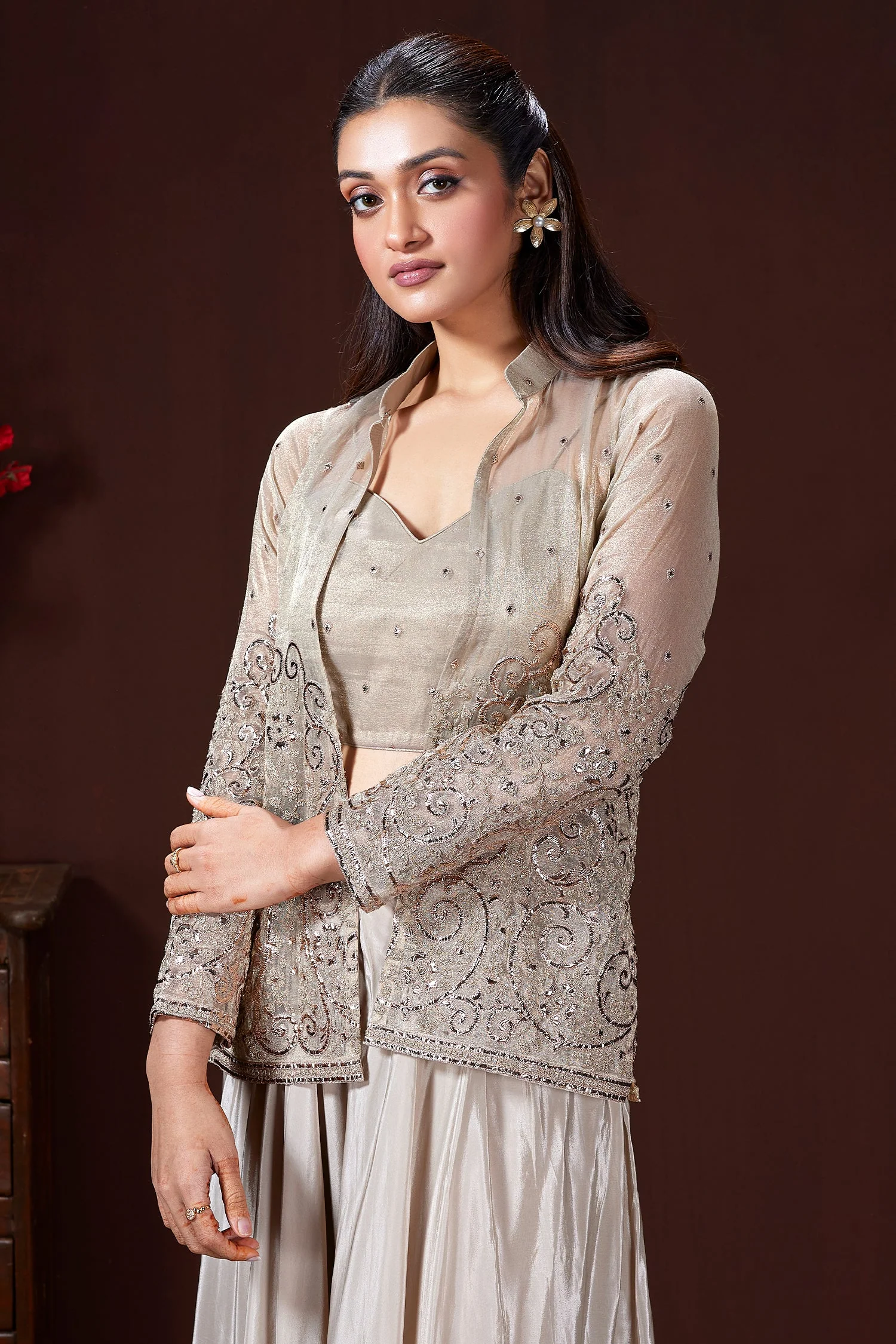 Grey Tissue Embroidered Crop Top Palazzo Set with Jacket - Image 3