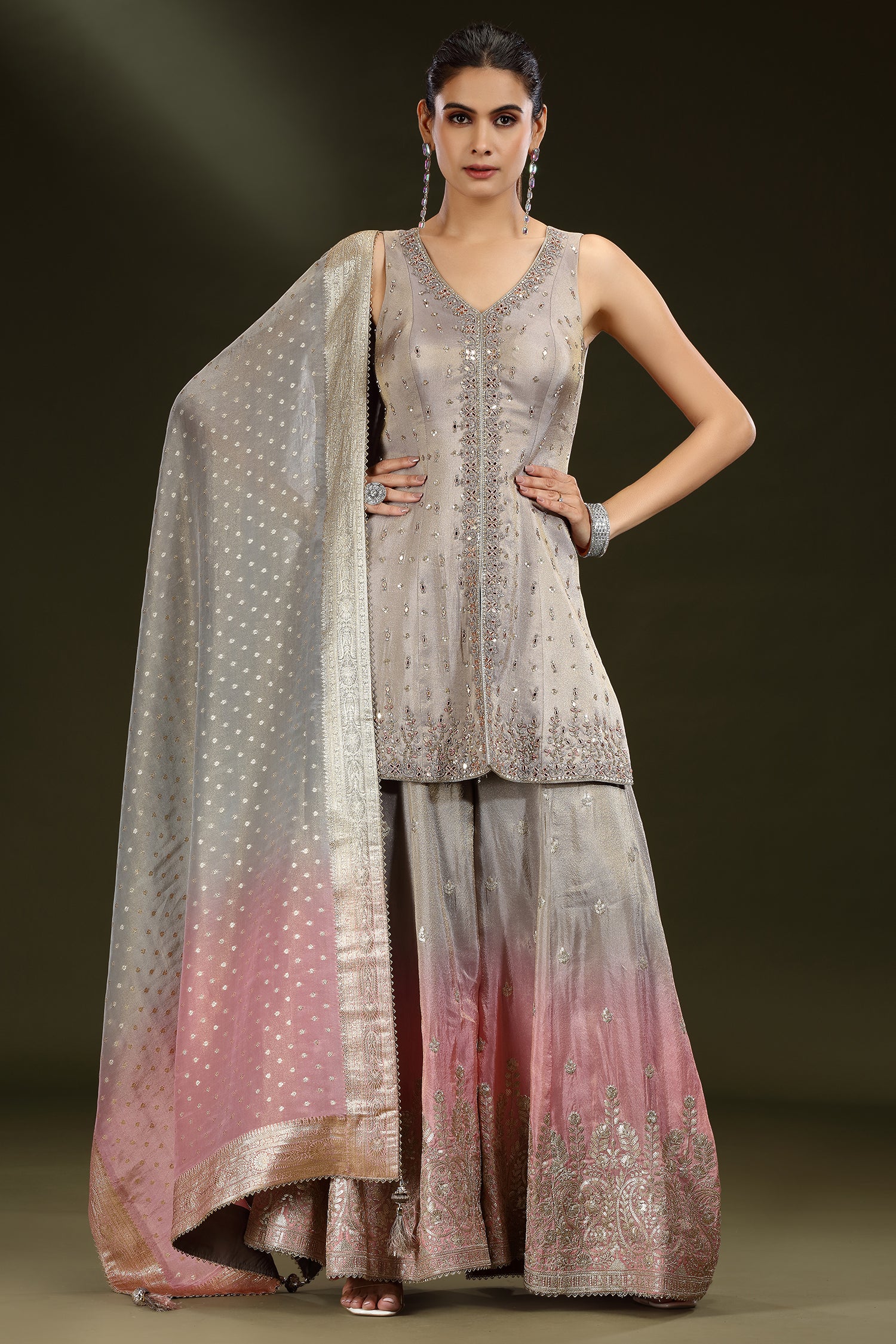 Grey Tissue Mirror and Cutdana Worked Palazzo Suit - Image 2