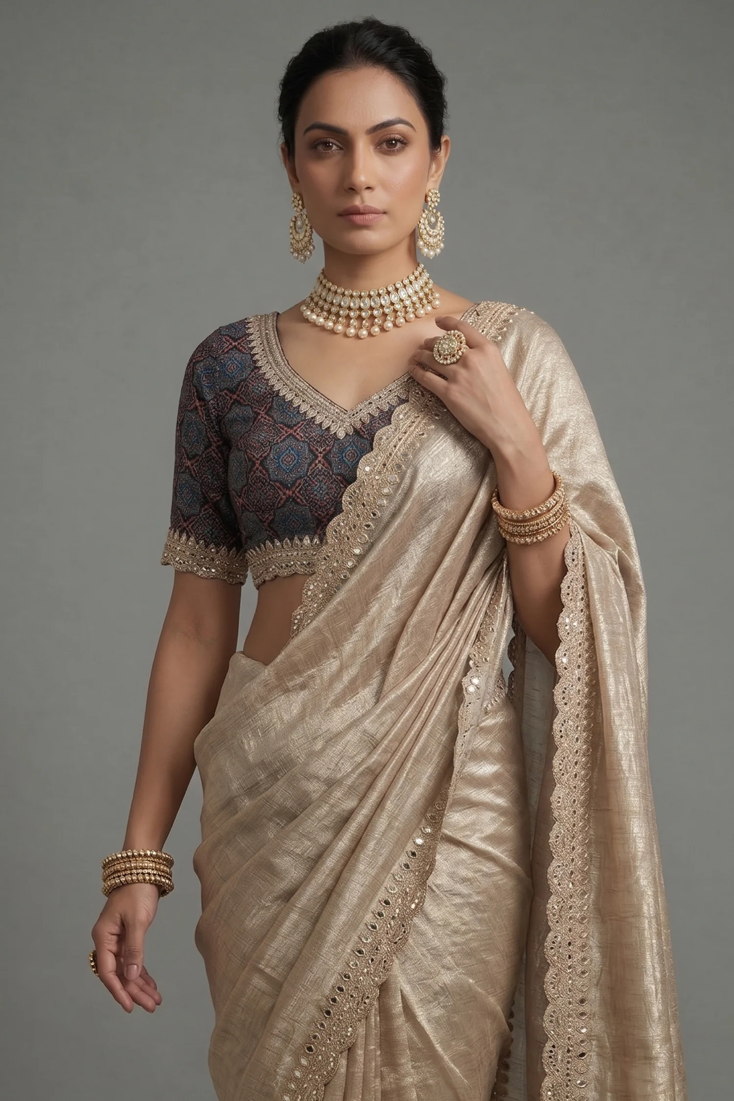 Grey Tissue Silk Mirror Applique and Cutdana Worked Saree with Ajrakh Printed Readymade Blouse - Image 2