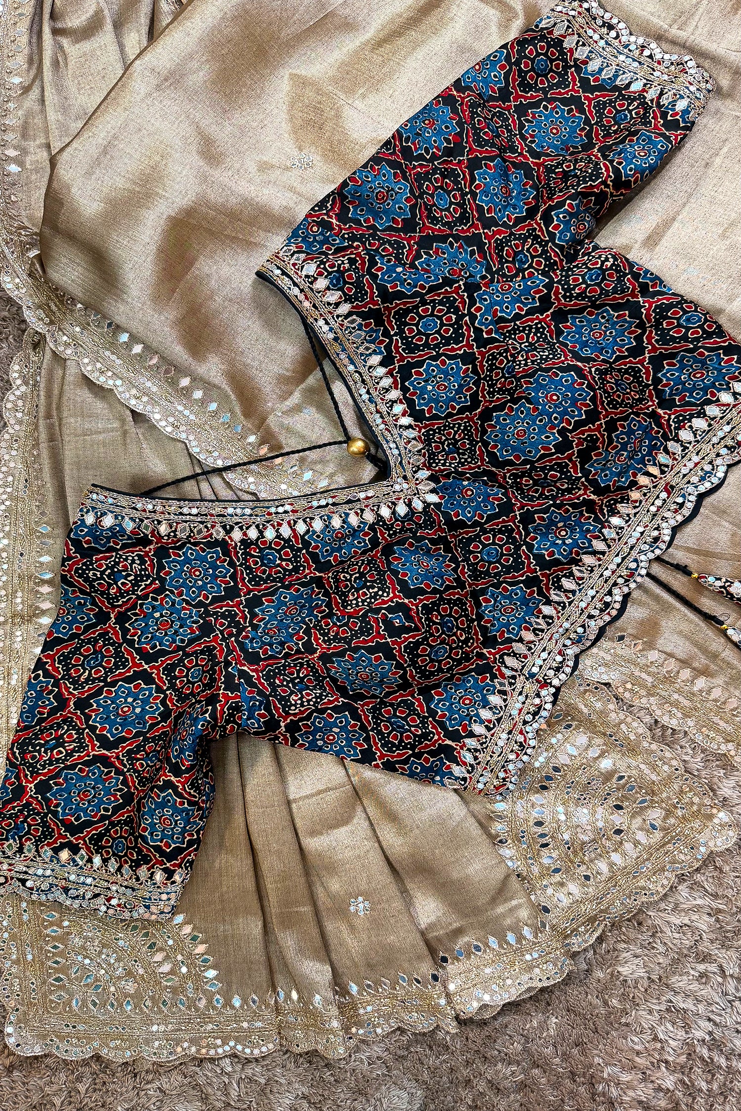 Grey Tissue Silk Mirror Applique and Cutdana Worked Saree with Ajrakh Printed Readymade Blouse - Image 3