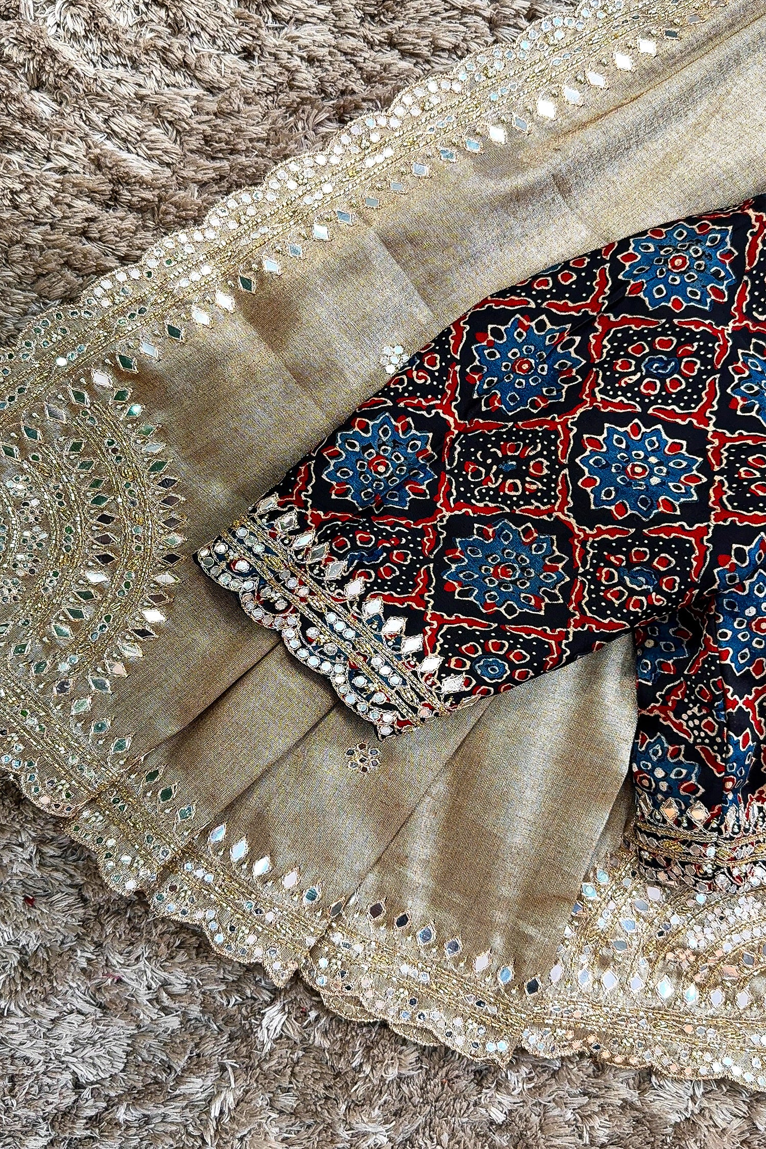 Grey Tissue Silk Mirror Applique and Cutdana Worked Saree with Ajrakh Printed Readymade Blouse - Image 4