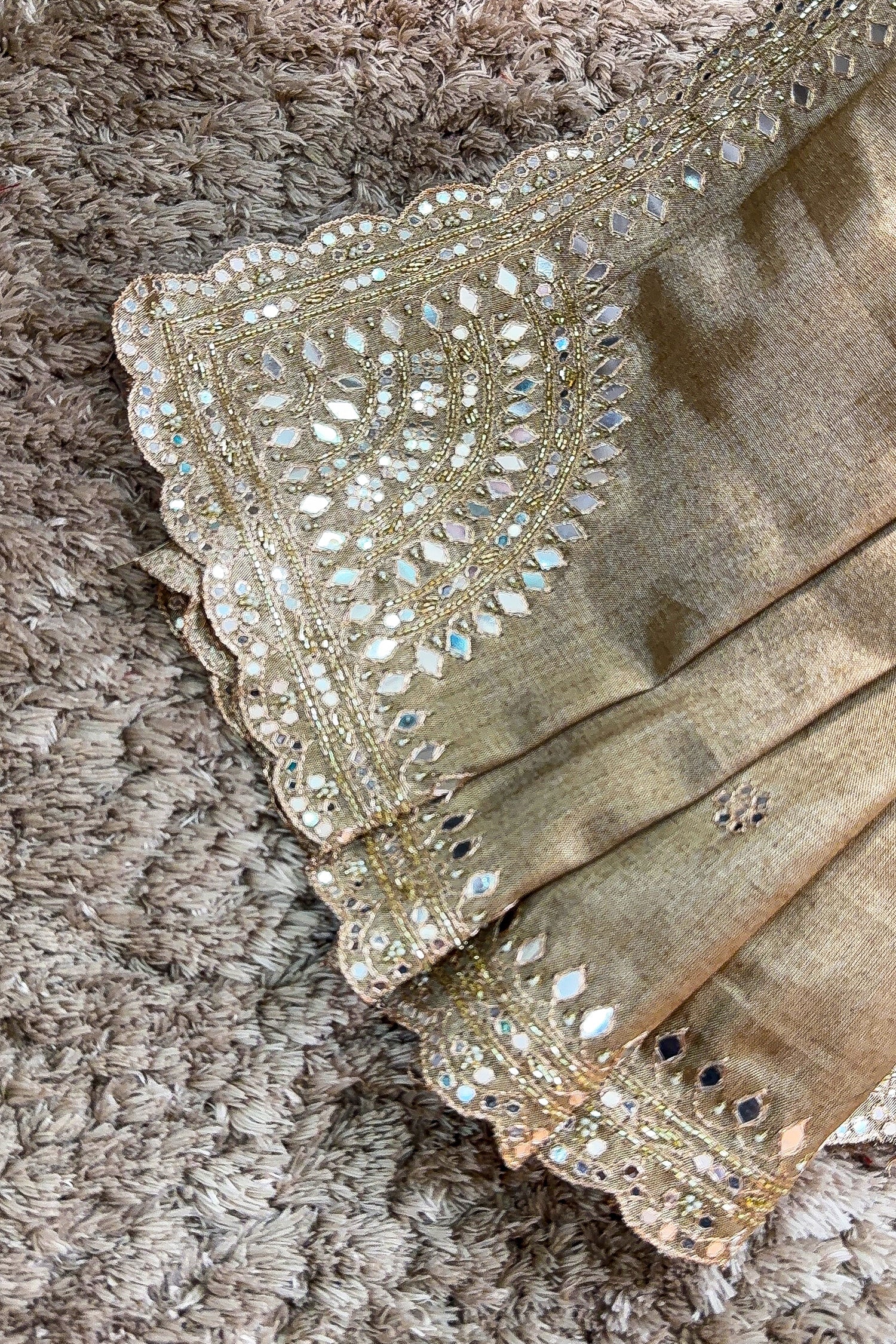Grey Tissue Silk Mirror Applique and Cutdana Worked Saree with Ajrakh Printed Readymade Blouse - Image 5