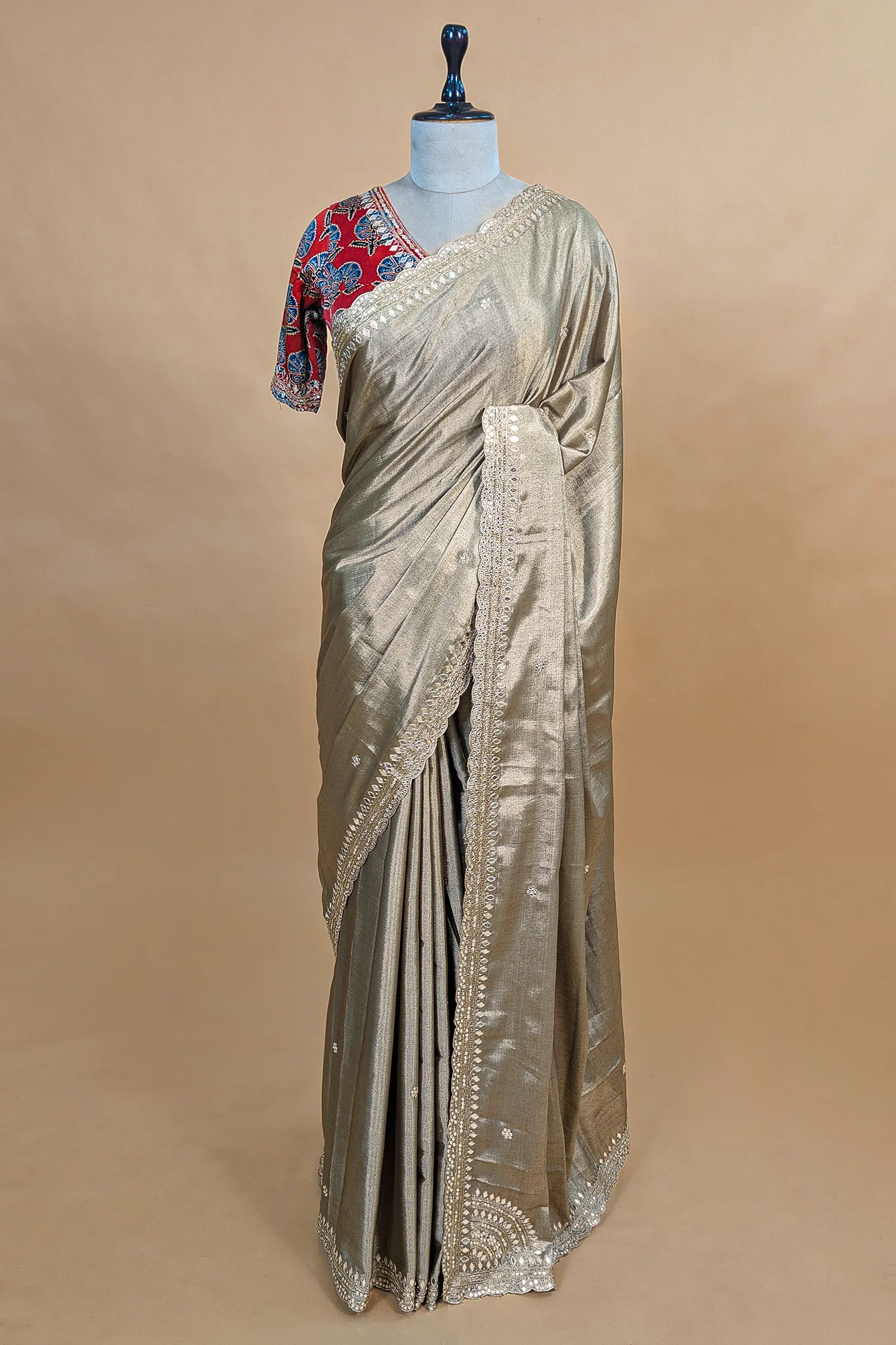 Grey Tissue Silk Mirror Applique and Cutdana Worked Saree with Ajrakh Printed Readymade Blouse - Image 3
