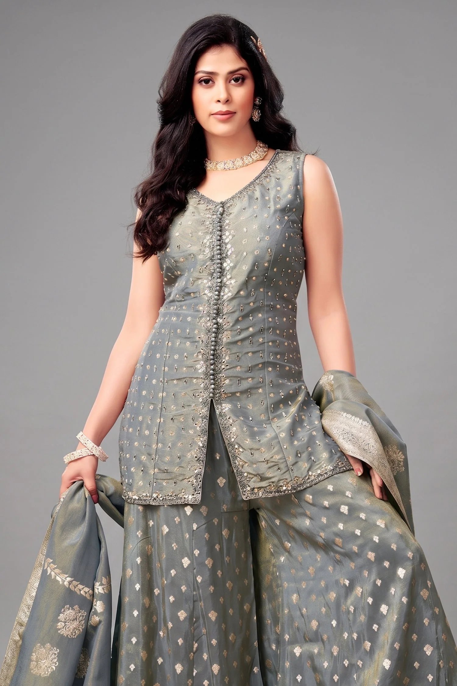 Grey Tissue Silk Mirror Worked Palazzo Suit - Image 2