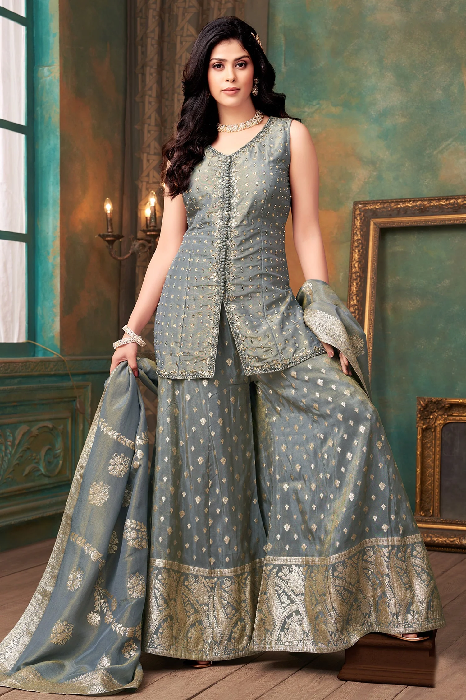 Grey Tissue Silk Mirror Worked Palazzo Suit - Image 3