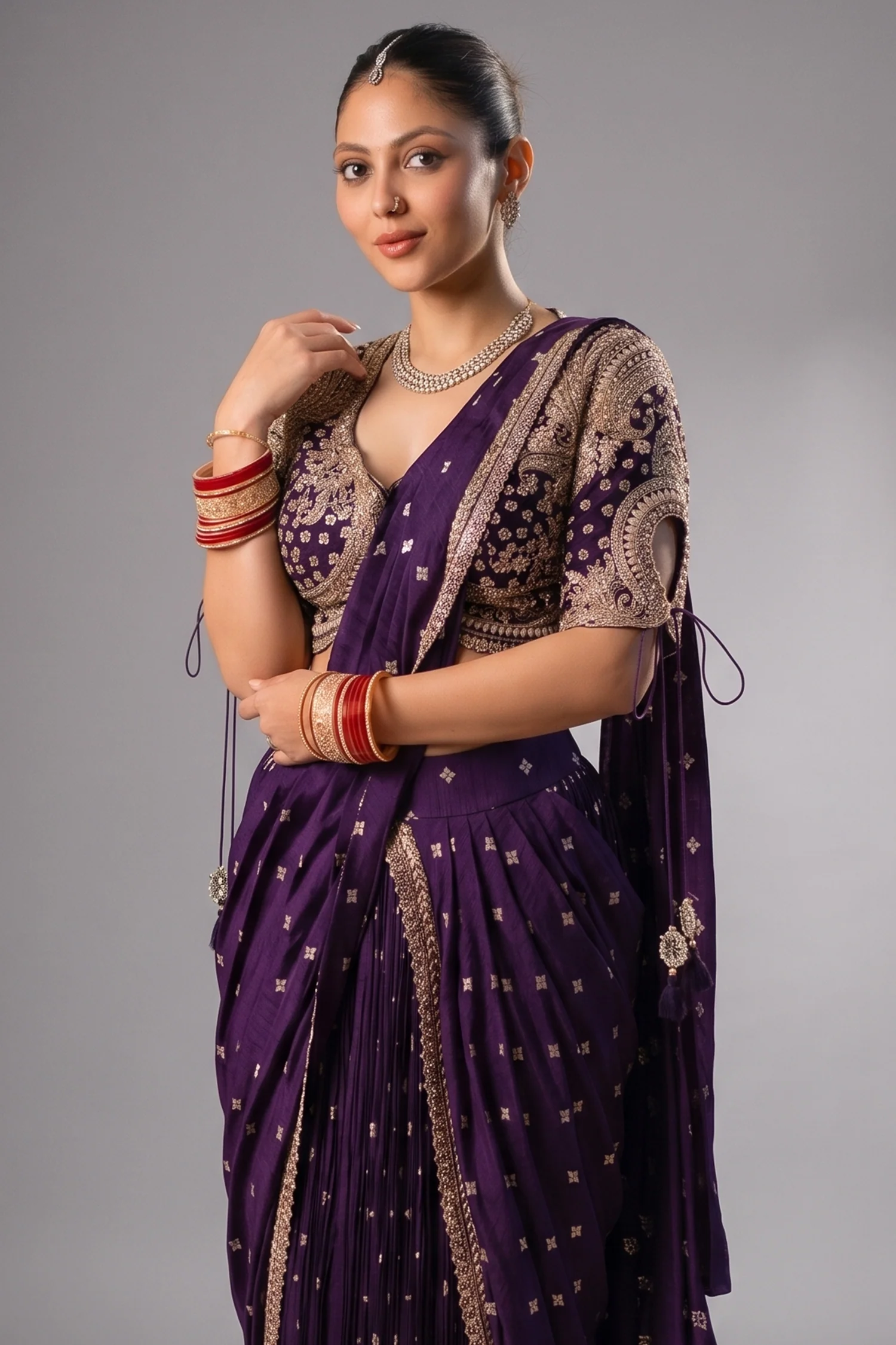 Imperial Plum Purple Raw Silk Pleated Ready to Wear Woven Saree with Designer Readymade Blouse - Image 2