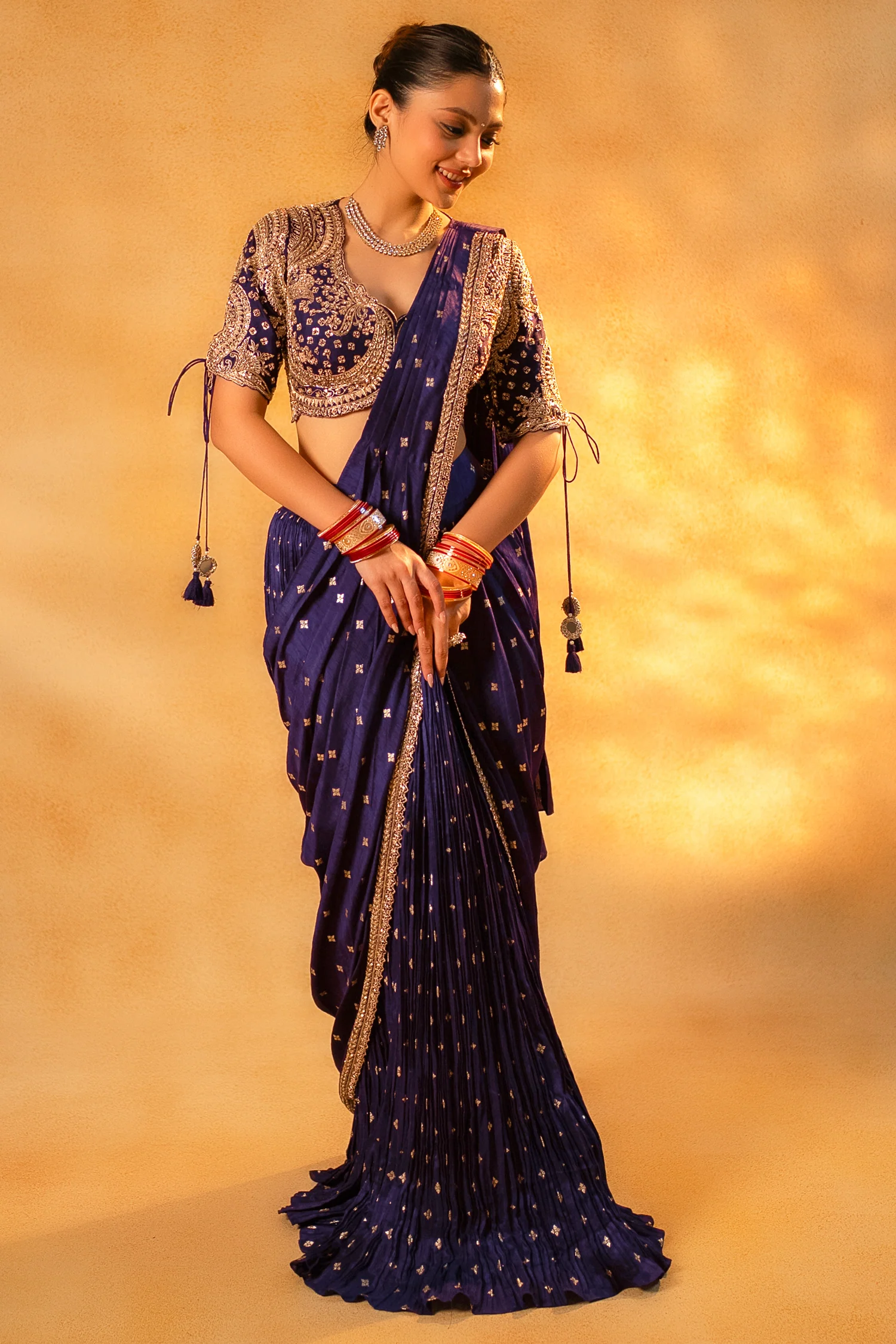 Imperial Plum Purple Raw Silk Pleated Ready to Wear Woven Saree with Designer Readymade Blouse - Image 4