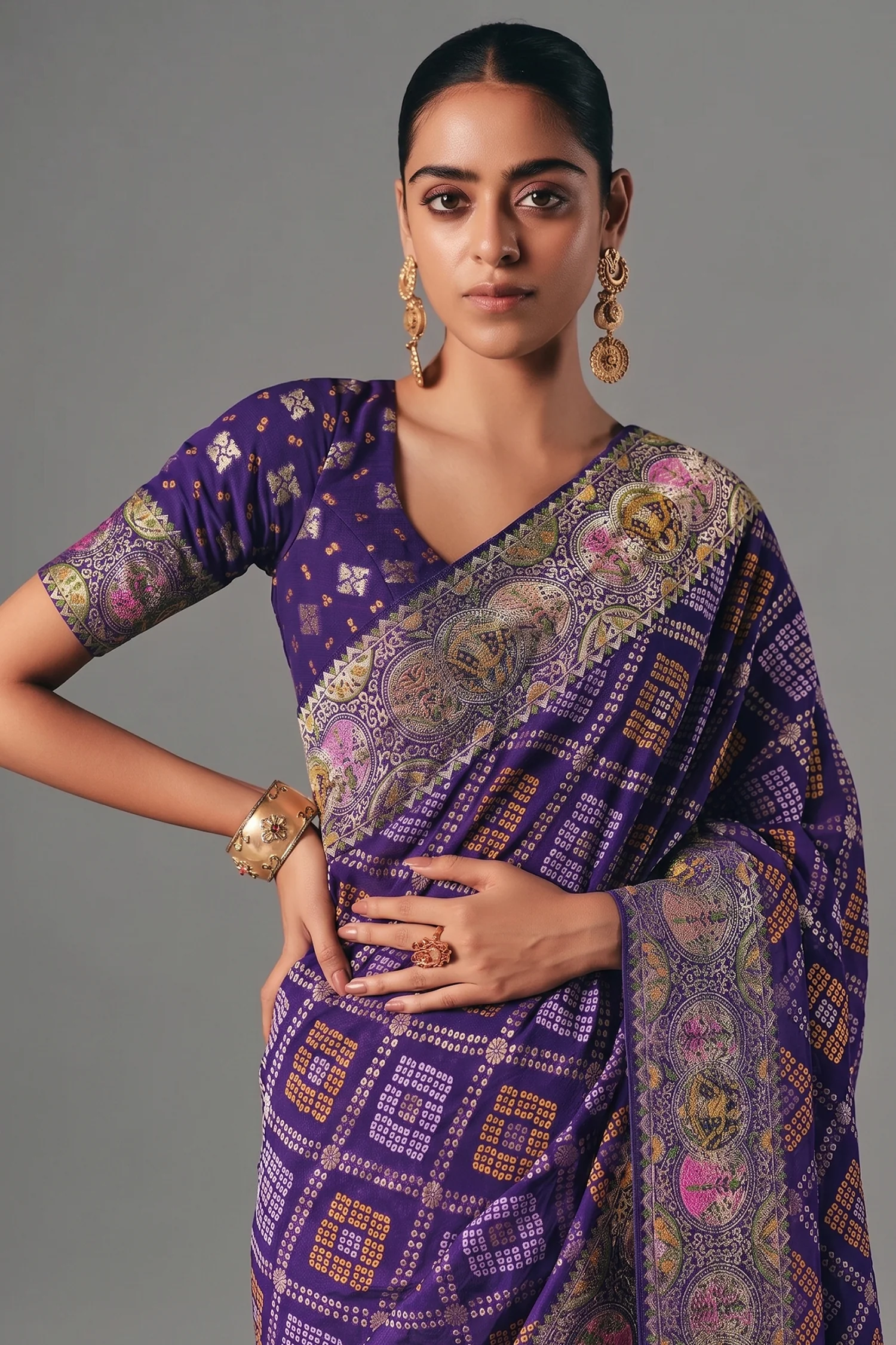 Indigo Purple Checks Georgette Traditional Bandhej Weaving Saree - Image 2