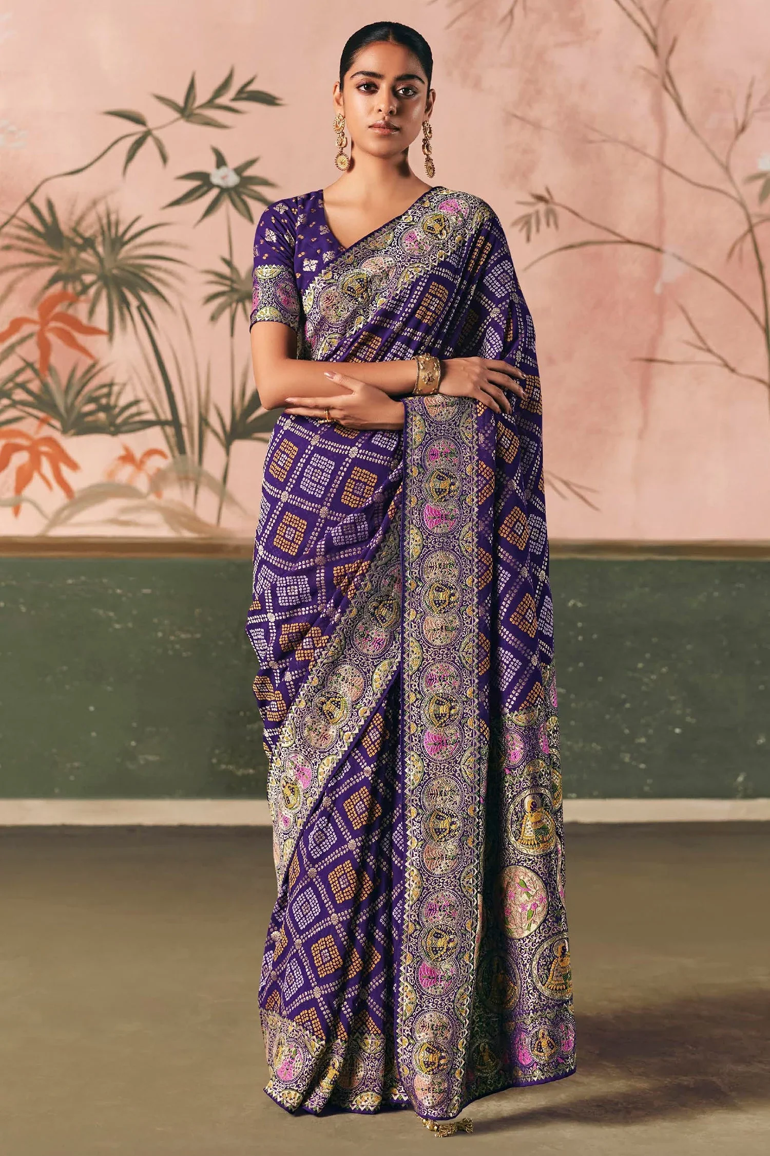 Indigo Purple Checks Georgette Traditional Bandhej Weaving Saree - Image 3