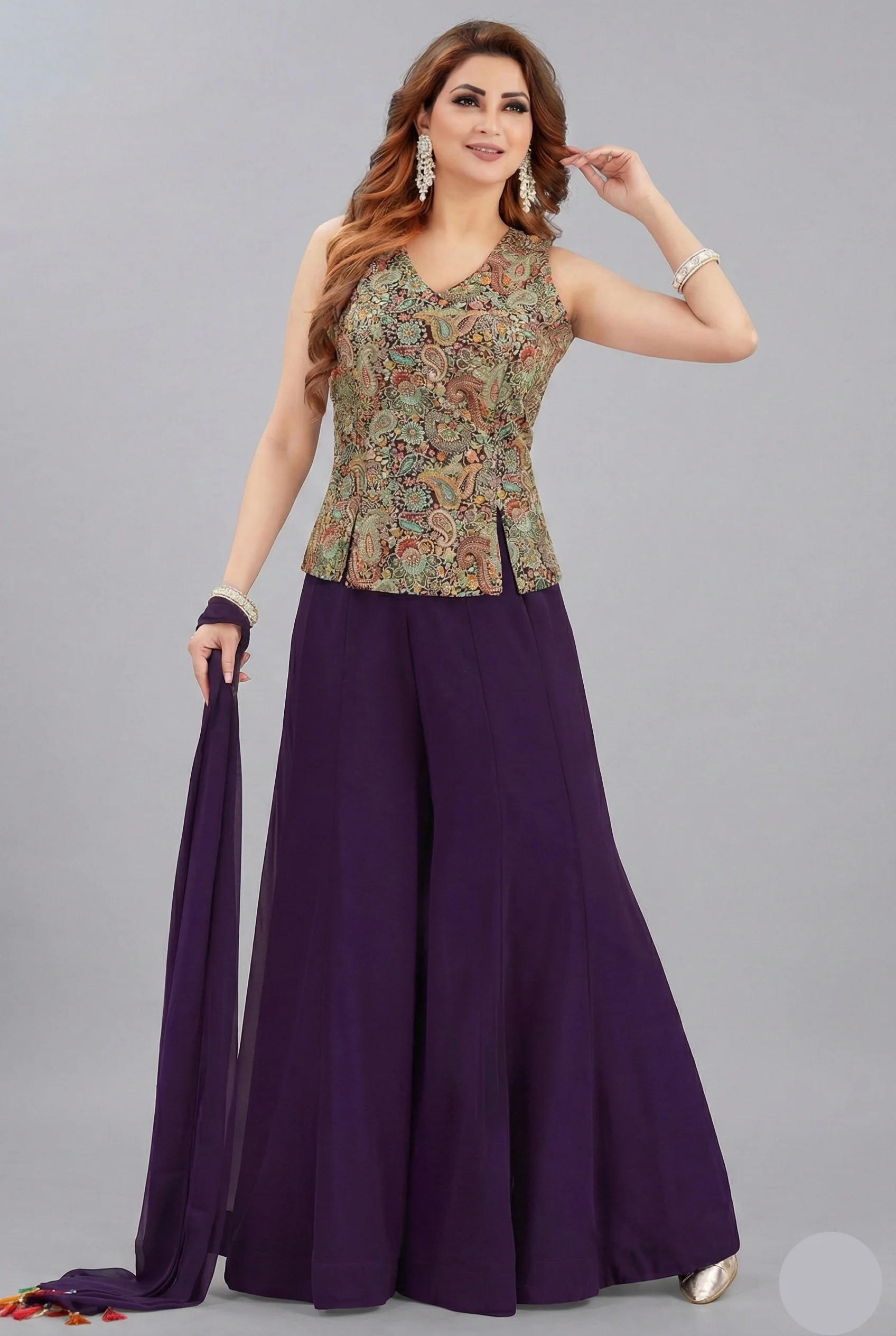 Indigo Purple Georgette Embroidered Palazzo Suit
