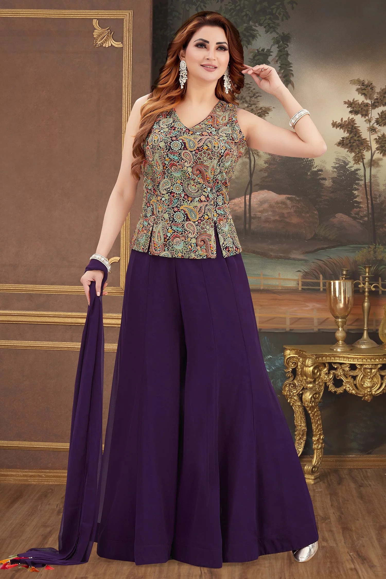Indigo Purple Georgette Embroidered Palazzo Suit - Image 2