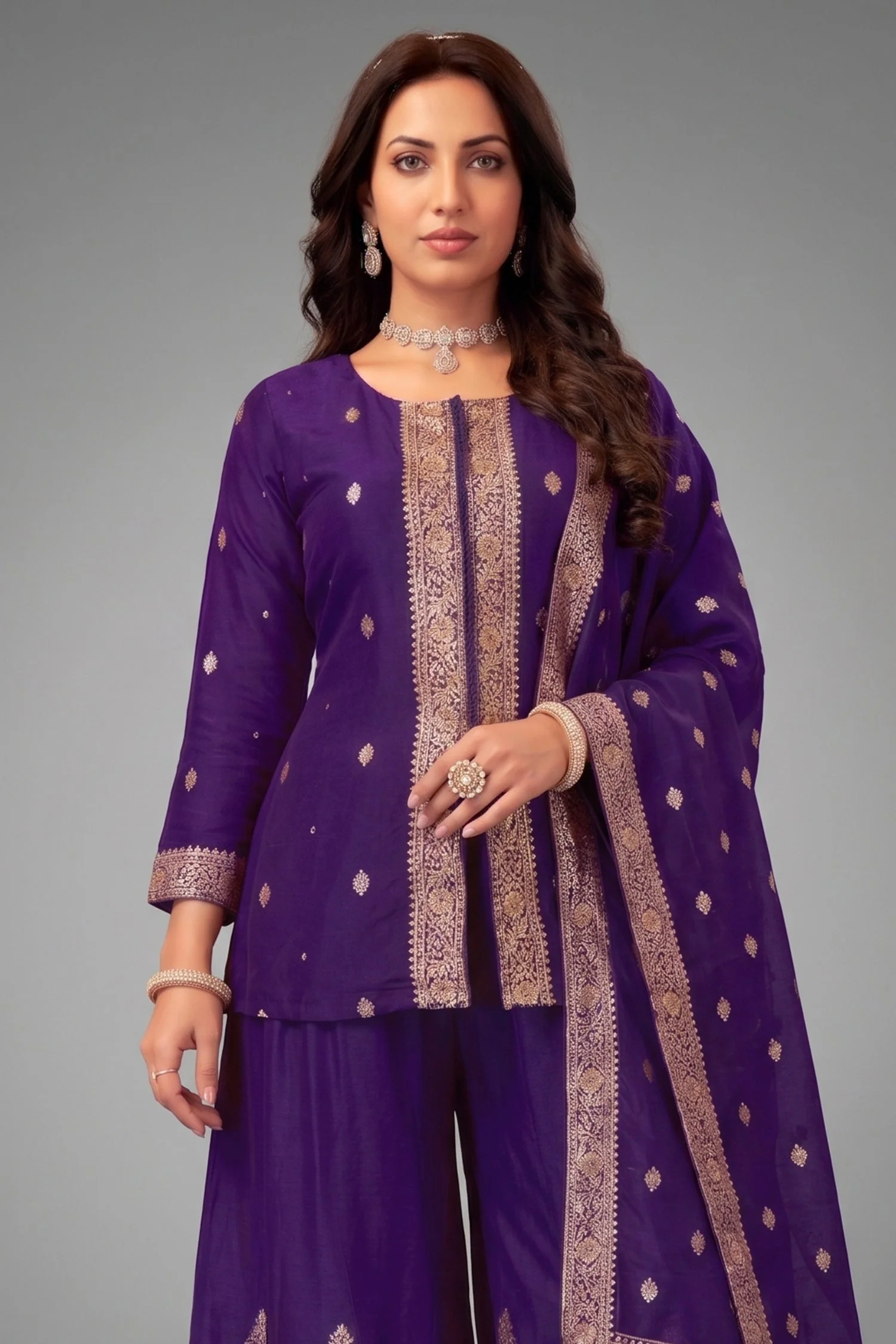 Indigo Purple Organza Woven Palazzo Suit - Image 2