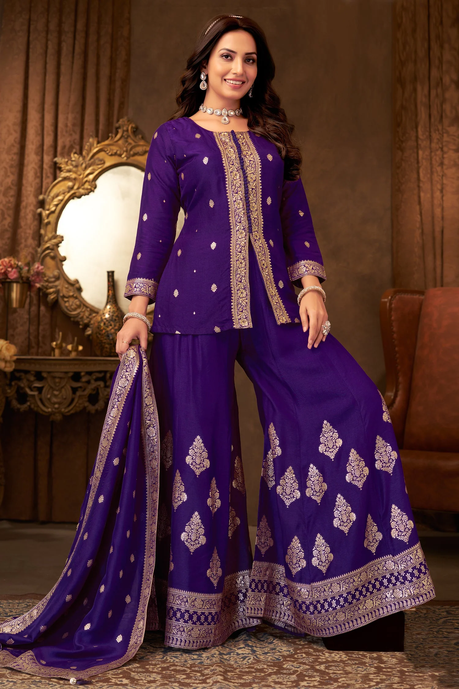 Indigo Purple Organza Woven Palazzo Suit - Image 3
