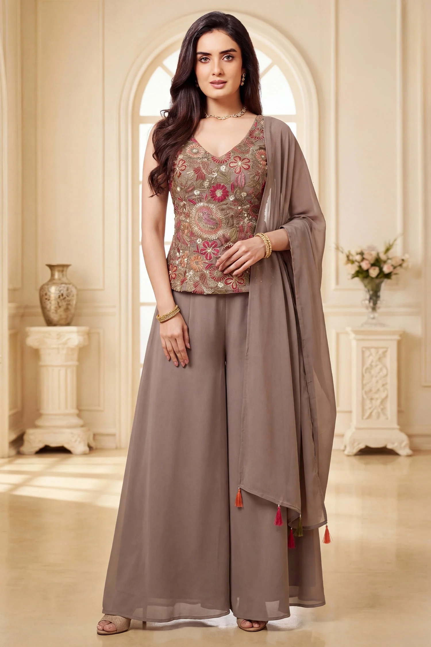 Iris Mauve Georgette Floral Embroidered Palazzo Suit - Image 2