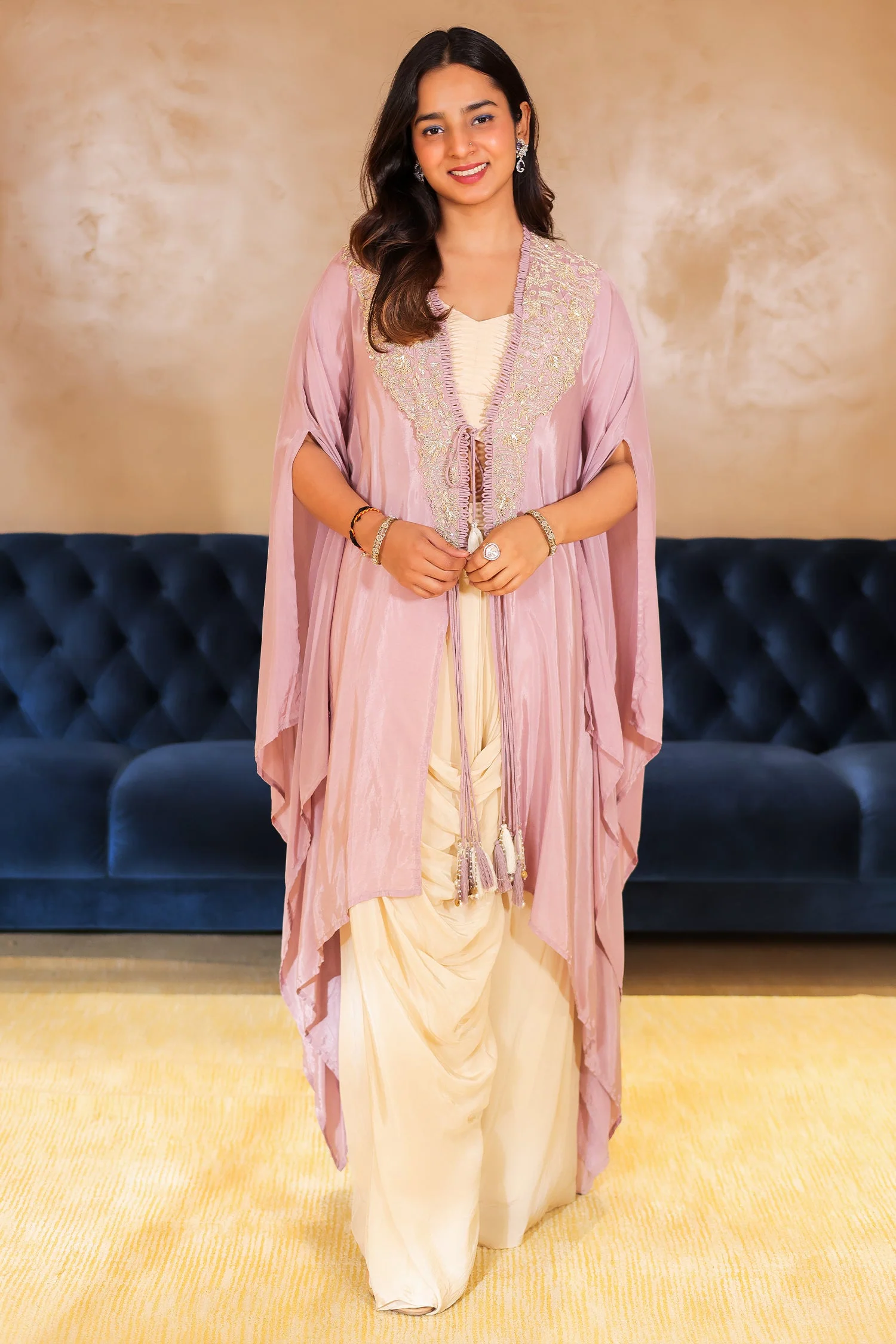 Ivory Beige Crepe Designer Heavy Worked Crop Top Jacket with Dhoti Skirt - Image 3