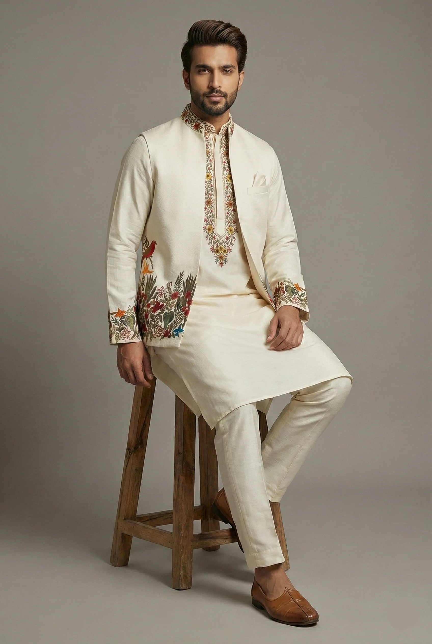 Ivory Beige Silk Kurta Set with Resham Embroidery - Image 2