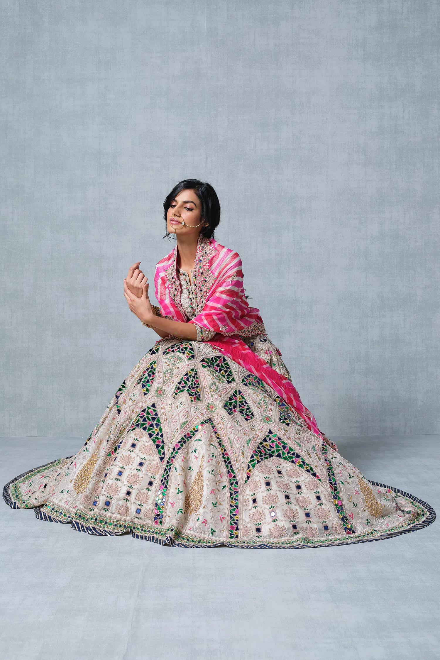 Ivory Beige Tissue Sheesh Mahal Inspired Lehenga with Leheriya Dupatta - Image 4