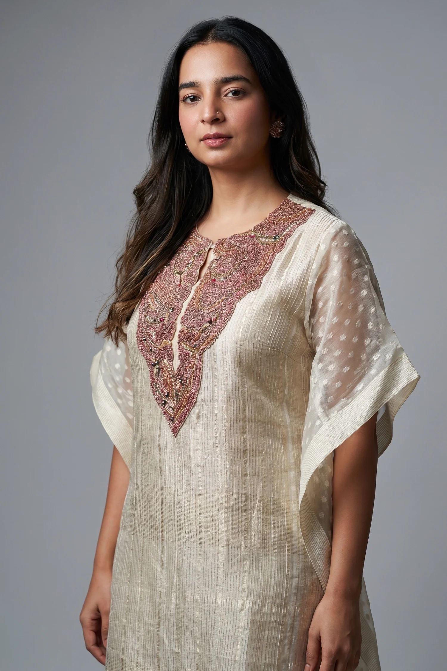 Ivory Beige Tissue Woven Stripes Kaftan Set with Beads and Embroidery Work - Image 2
