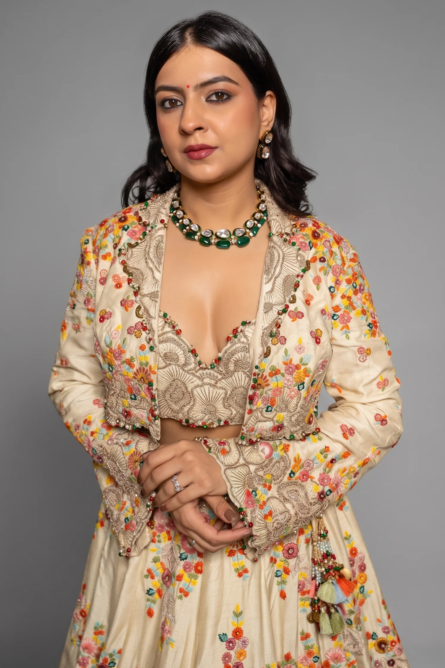 Ivory Cream Raw Silk Floral Embroidered Designer Lehenga with Jacket - Image 2