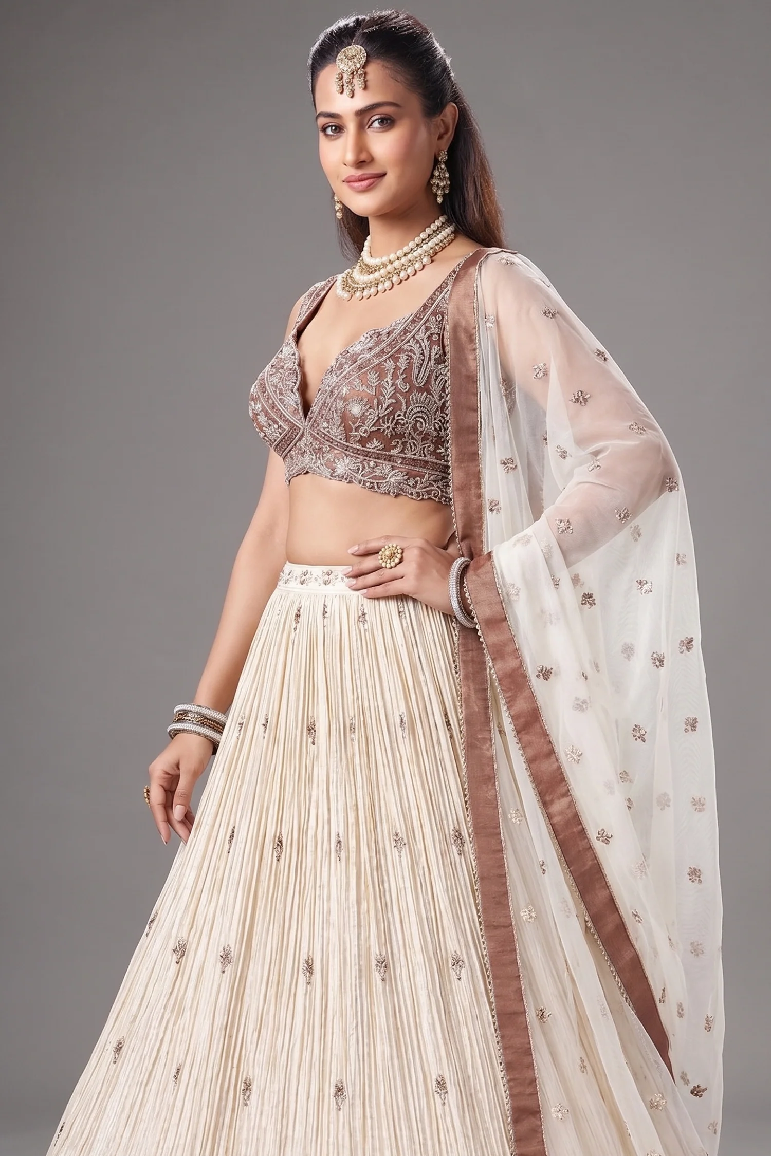 Ivory Cream Sequin Embroidered Lehenga - Image 2