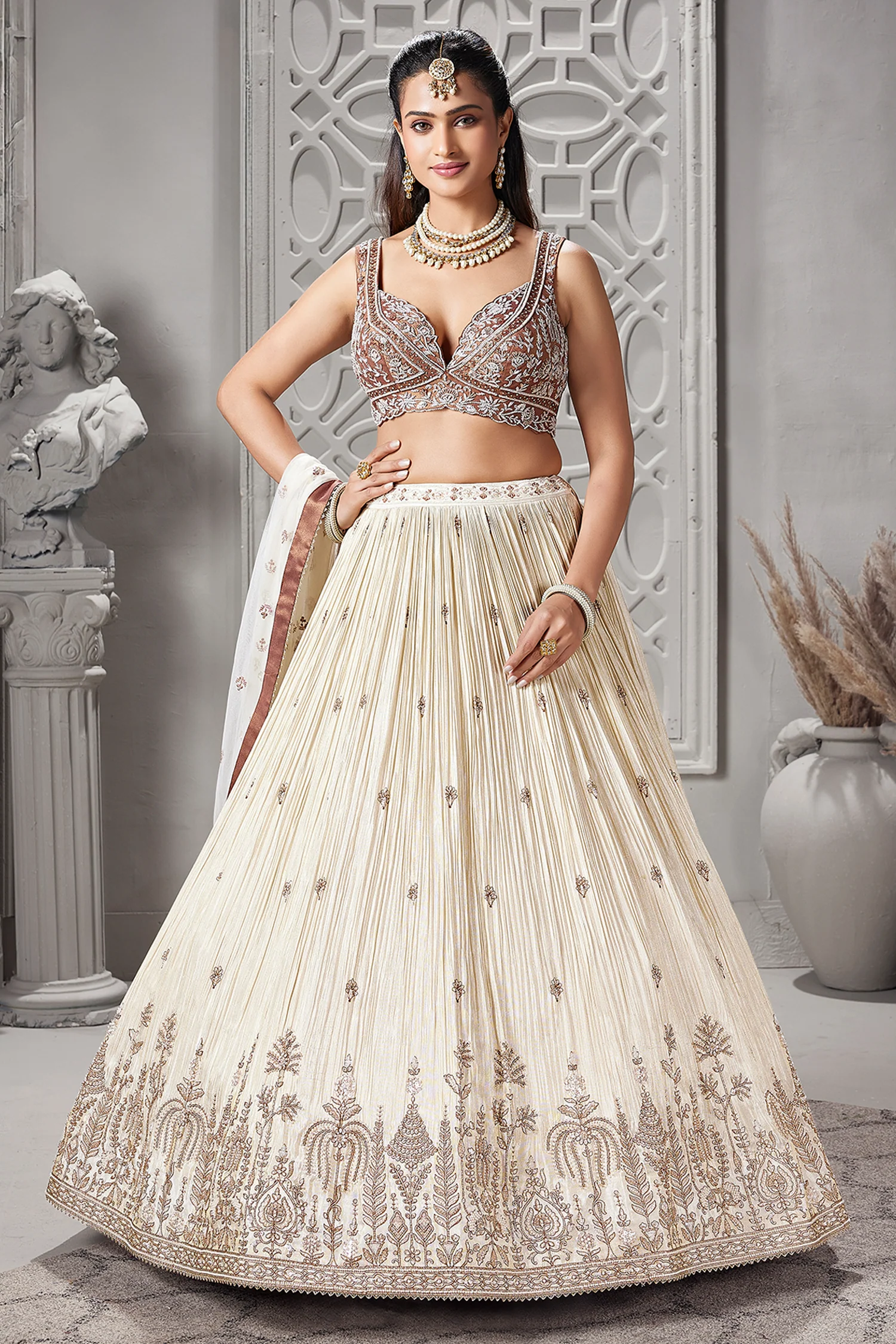 Ivory Cream Sequin Embroidered Lehenga - Image 3