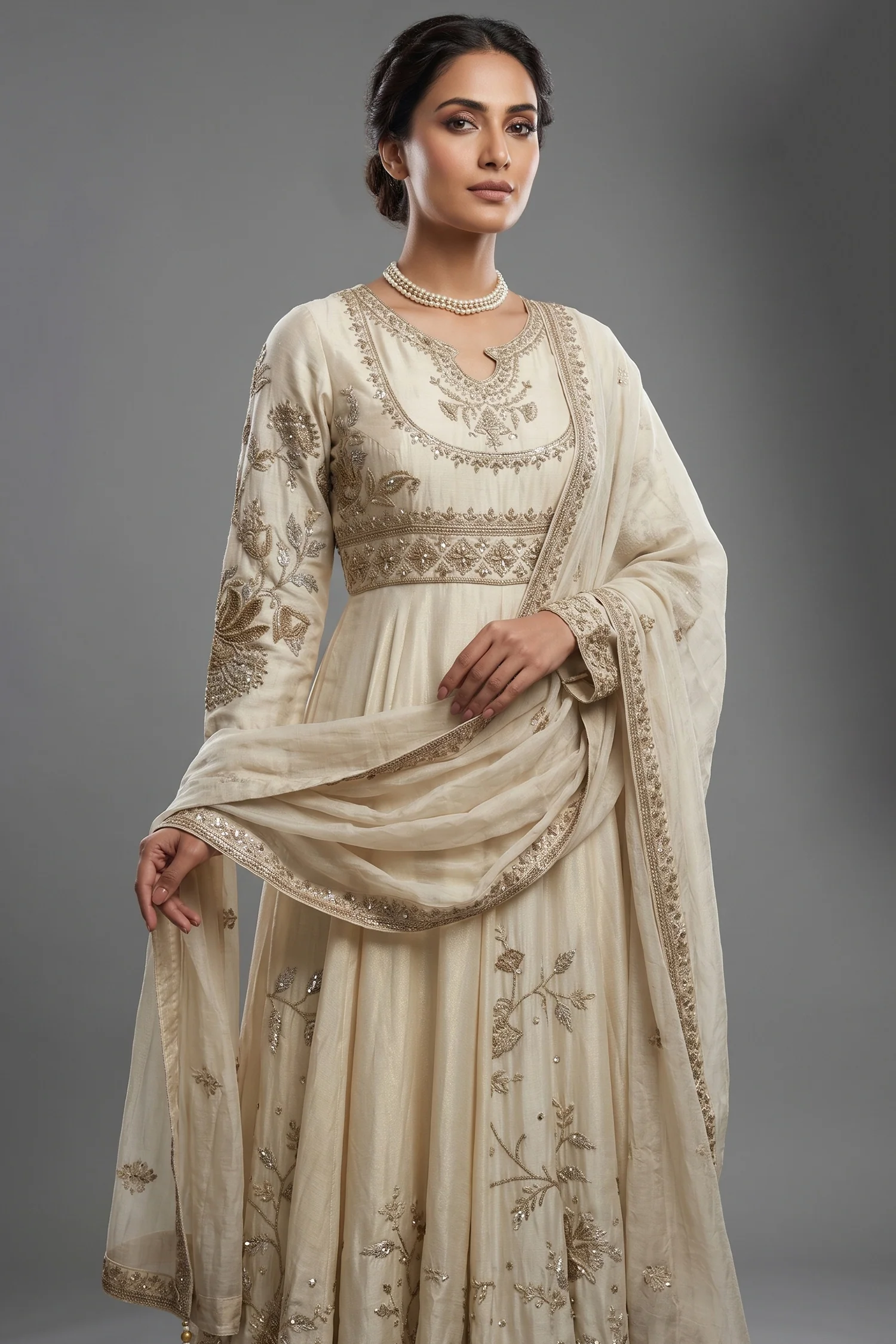 Ivory Hand Embroidered Anarkali Set with Dupatta - Image 2