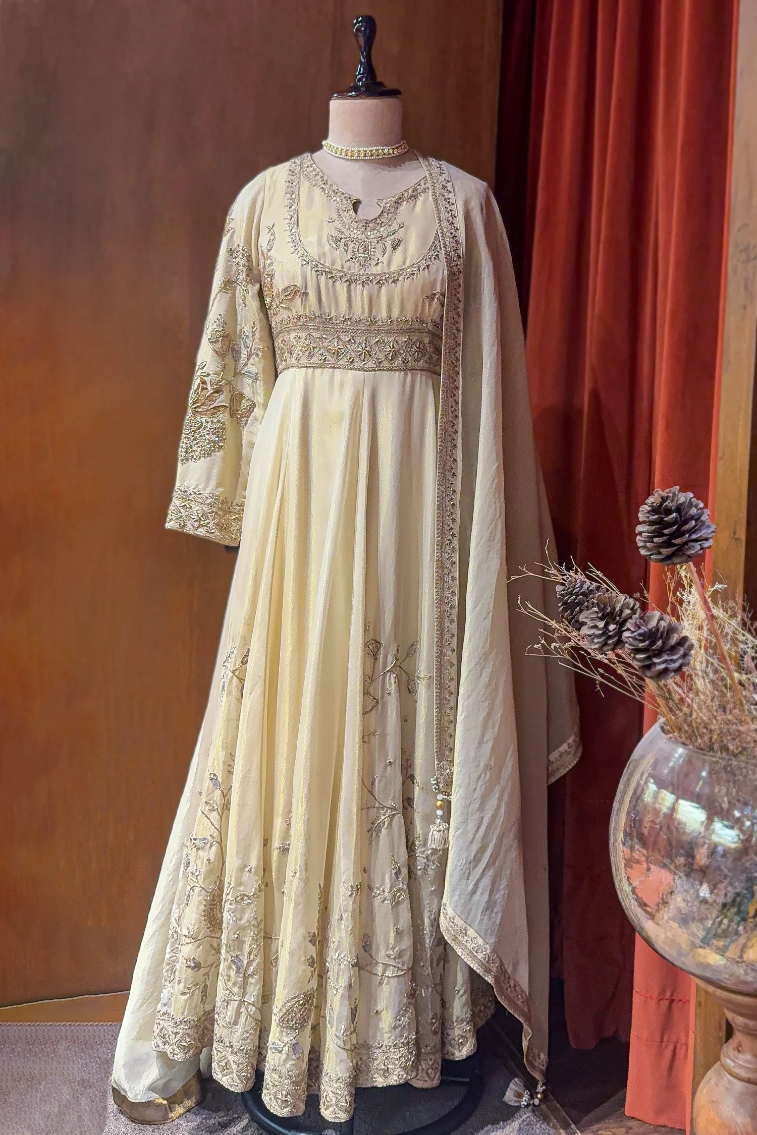 Ivory Hand Embroidered Anarkali Set with Dupatta - Image 3