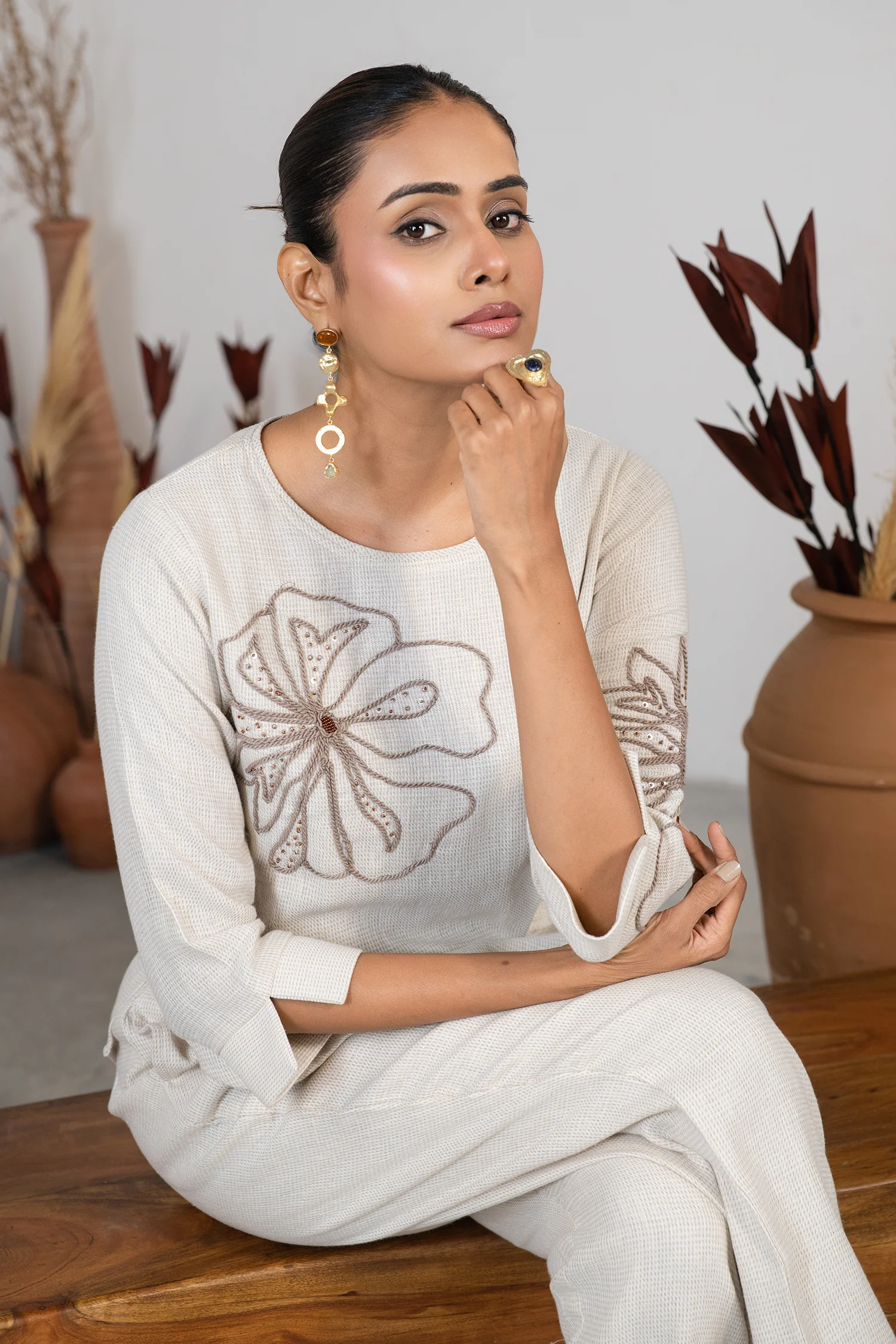 Ivory Jute Embroidered Co-Ord Set - Image 3
