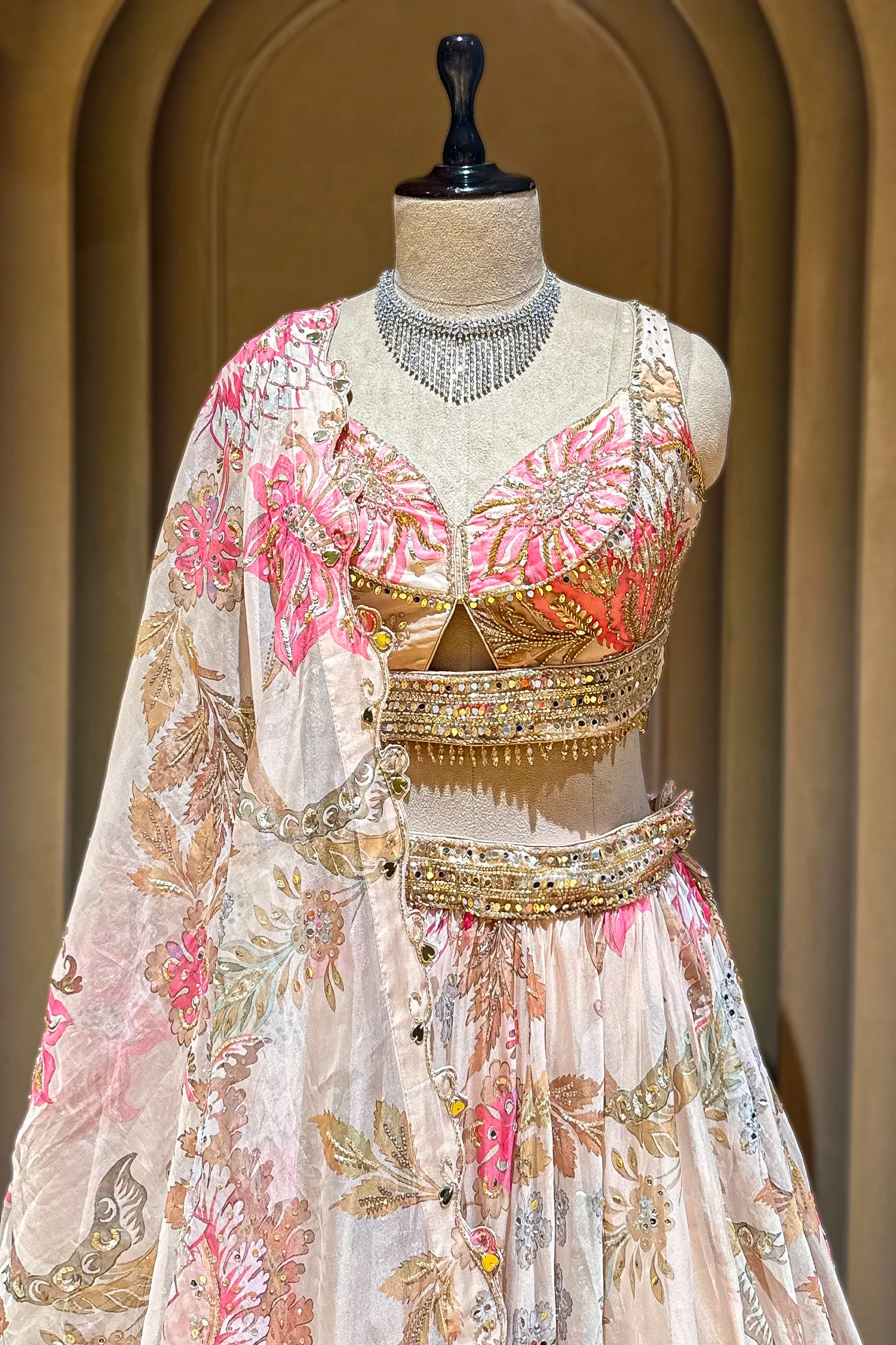 Ivory Organza Floral Printed Sequin and Cutdana Worked Lehenga - Image 3