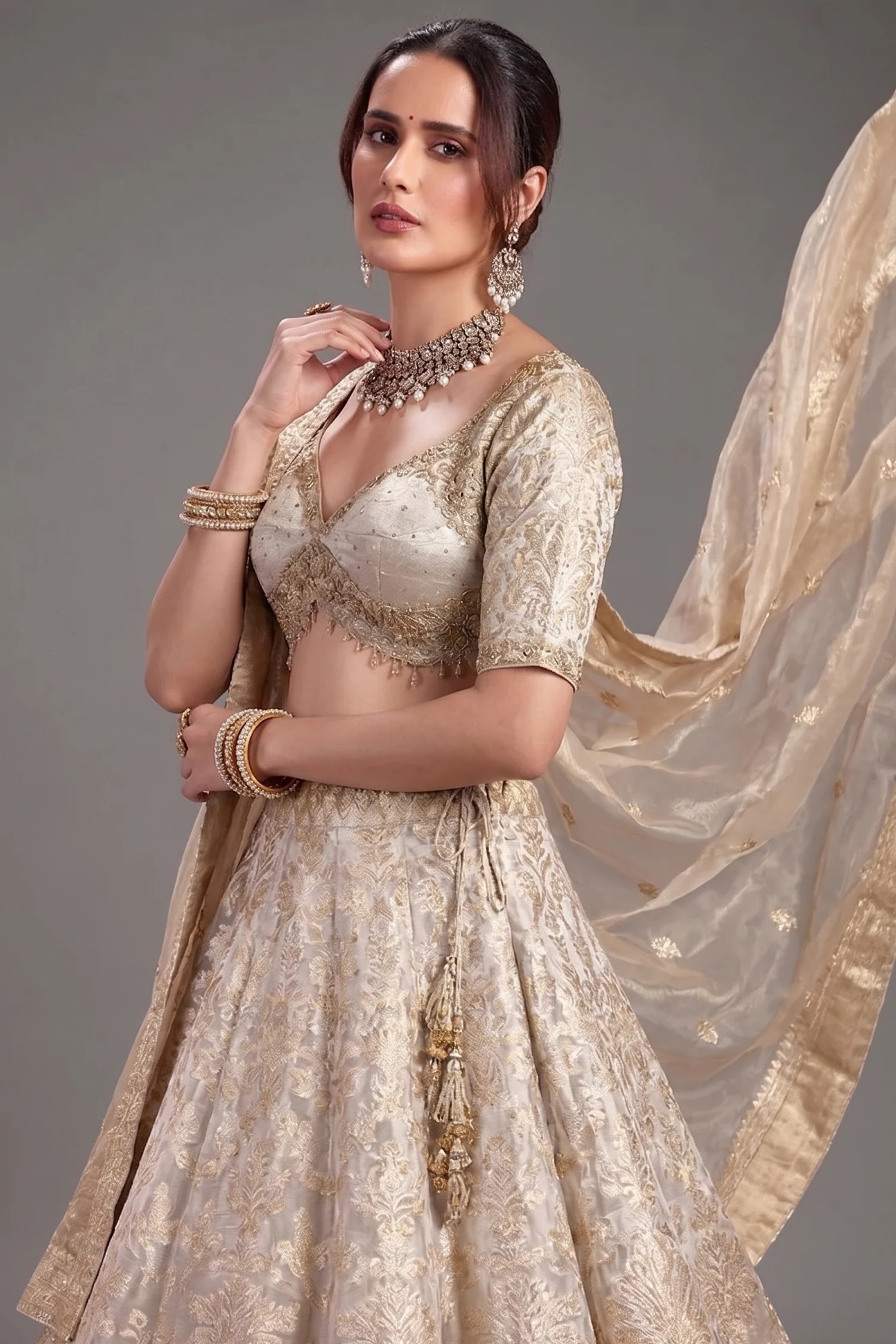 Ivory White and Golden Tissue Silk Floral Woven Lehenga - Image 2