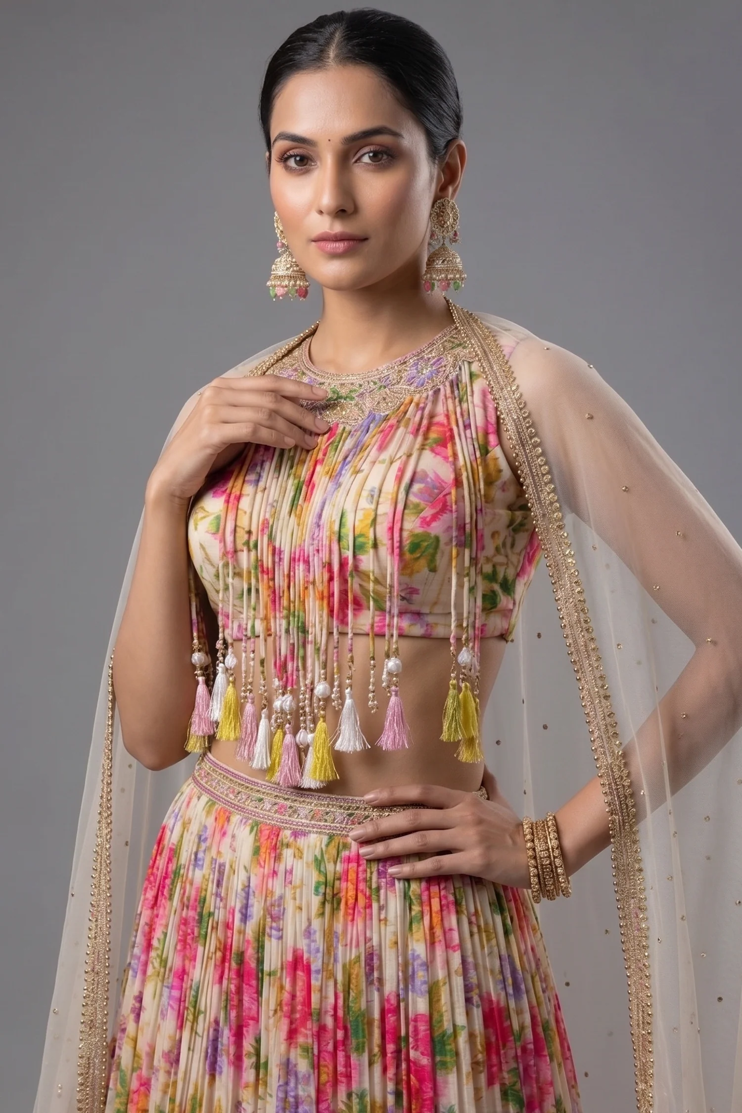 Ivory White Chinon Printed Jewel Neck Lehenga Set - Image 2