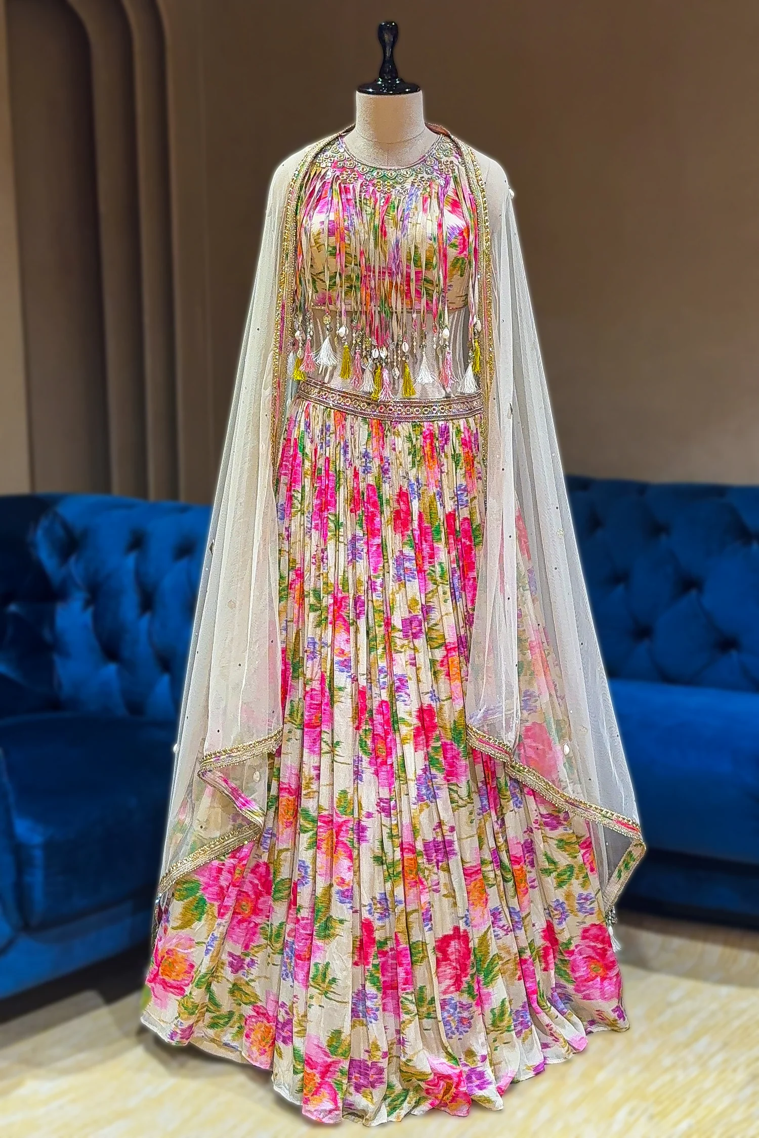 Ivory White Chinon Printed Jewel Neck Lehenga Set - Image 3