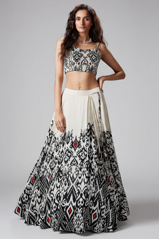 Ivory White Crepe Silk Printed Lehenga with Beaded and Cutdana Work Corset
