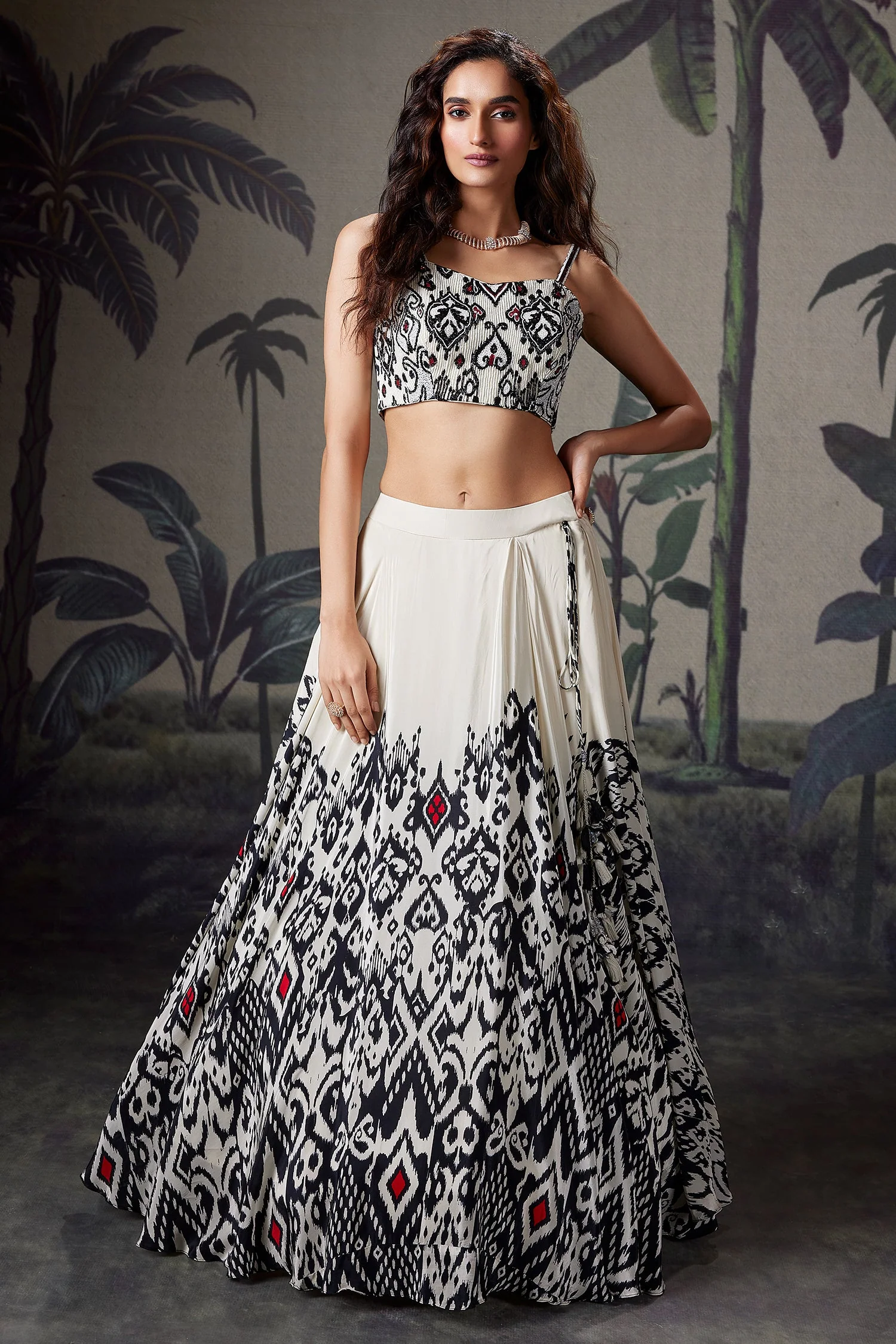 Ivory White Crepe Silk Printed Lehenga with Beaded and Cutdana Work Corset - Image 3