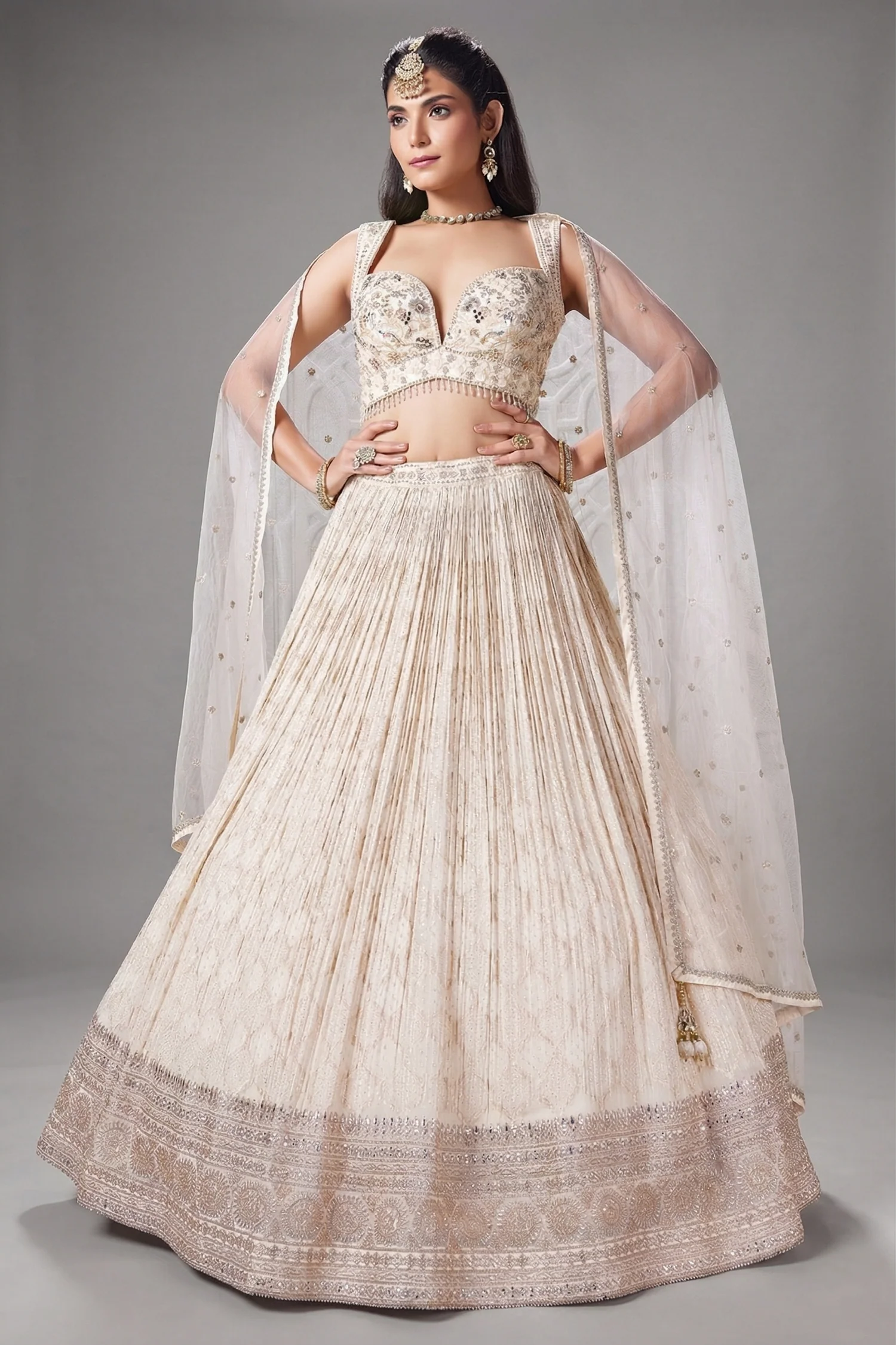Ivory White Georgette Zari Woven Lehenga with Sequin Embroidery Work