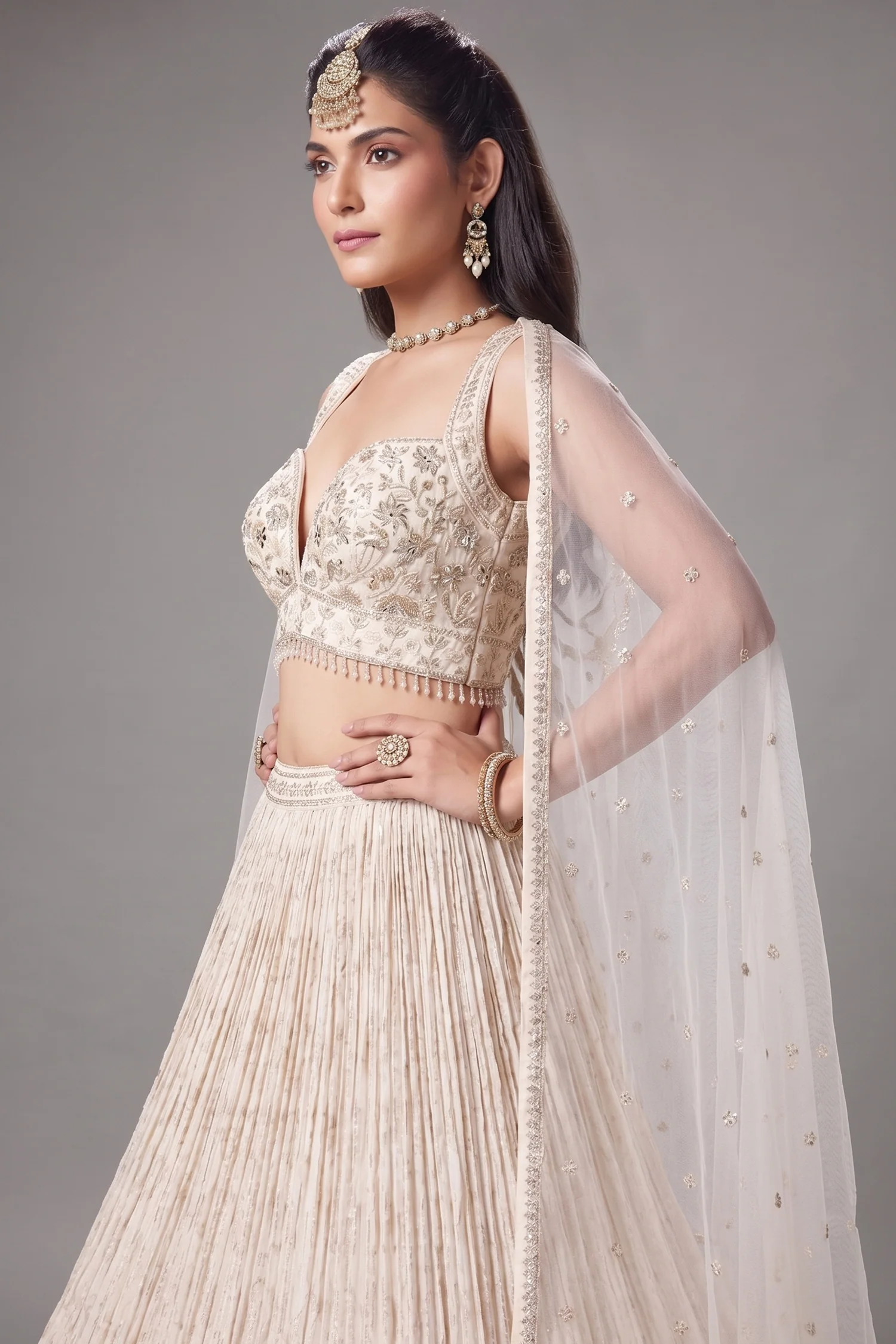 Ivory White Georgette Zari Woven Lehenga with Sequin Embroidery Work - Image 2