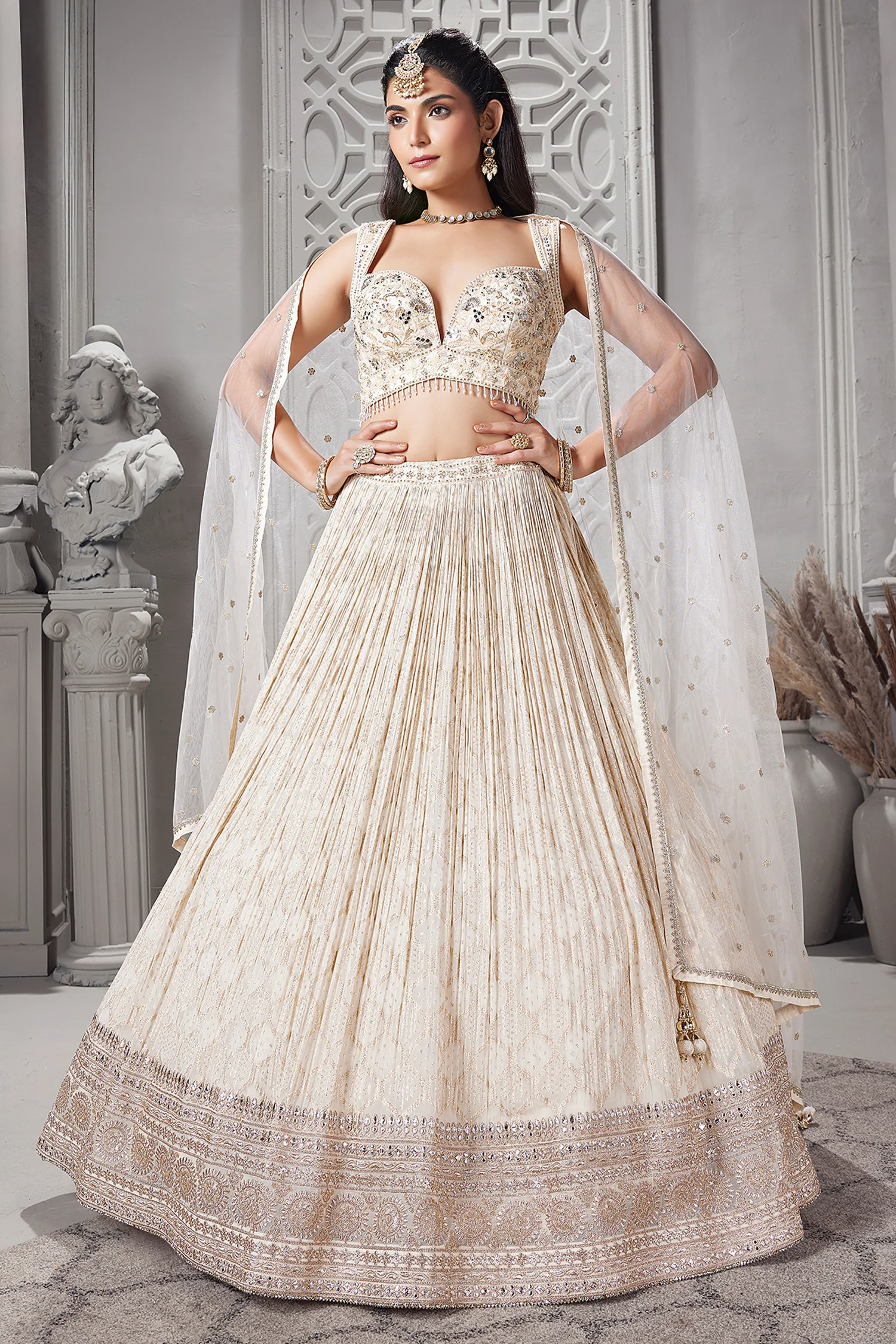 Ivory White Georgette Zari Woven Lehenga with Sequin Embroidery Work - Image 3