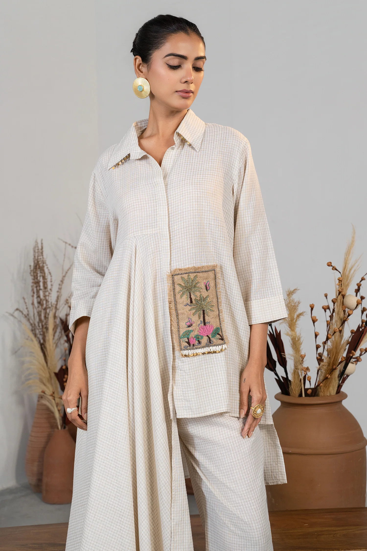 Ivory White Jute Lapel Collar Clyde Asymmetric Co-Ord Set - Image 3