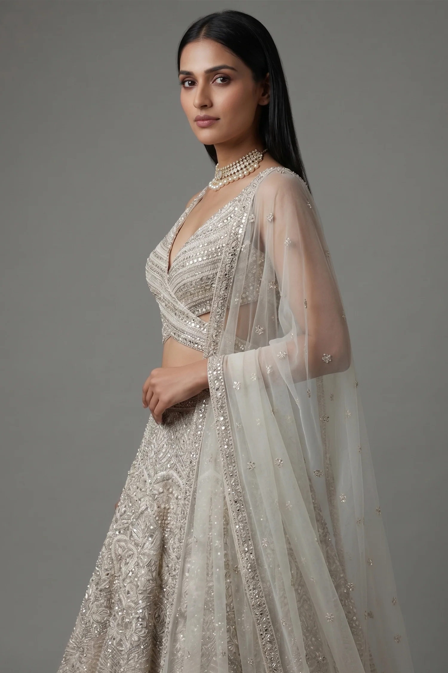 Ivory White Net Cutdana and Sequin Work Designer Lehenga with Warp Style Blouse - Image 2