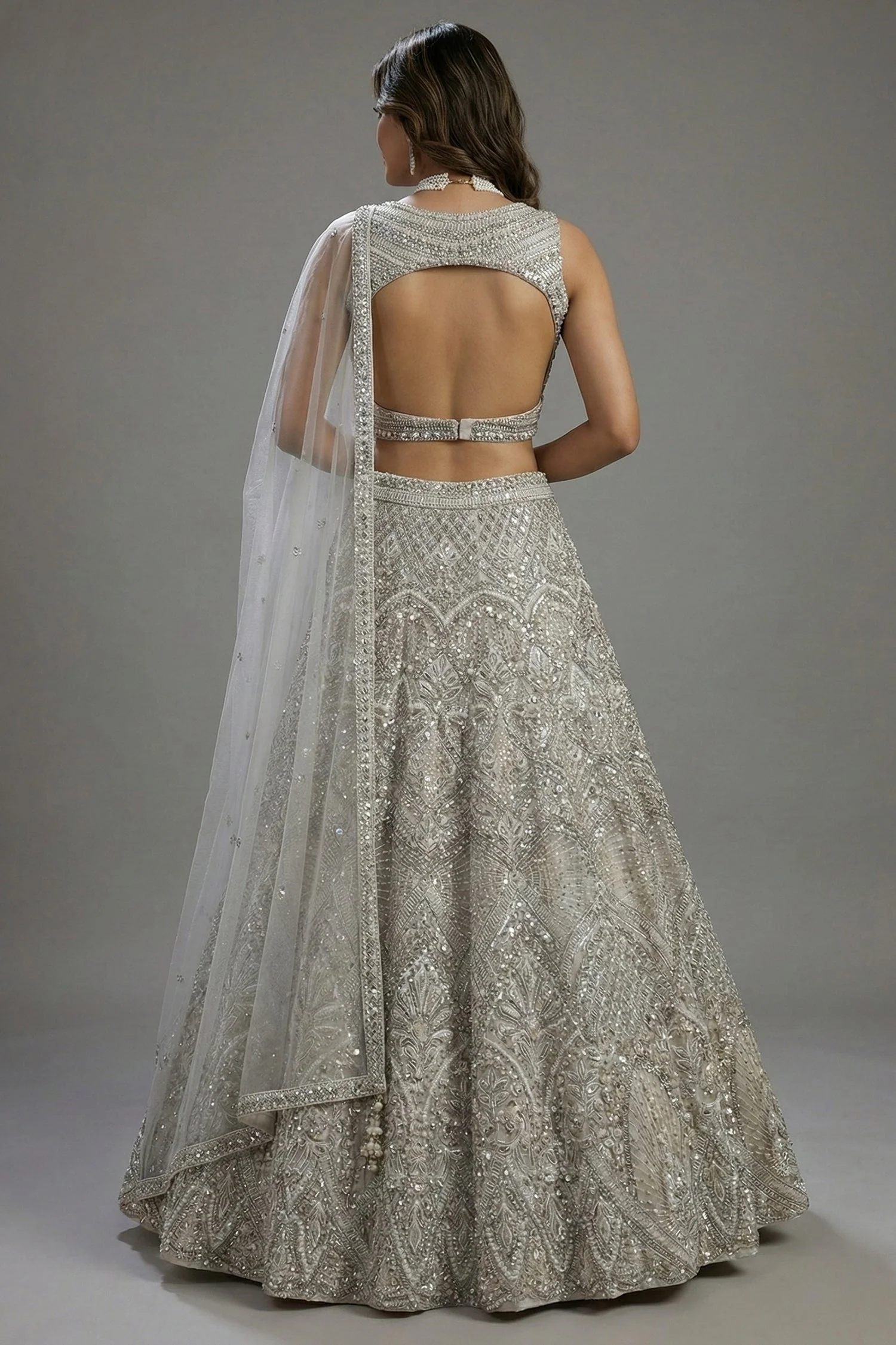 Ivory White Net Cutdana and Sequin Work Designer Lehenga with Warp Style Blouse - Image 3